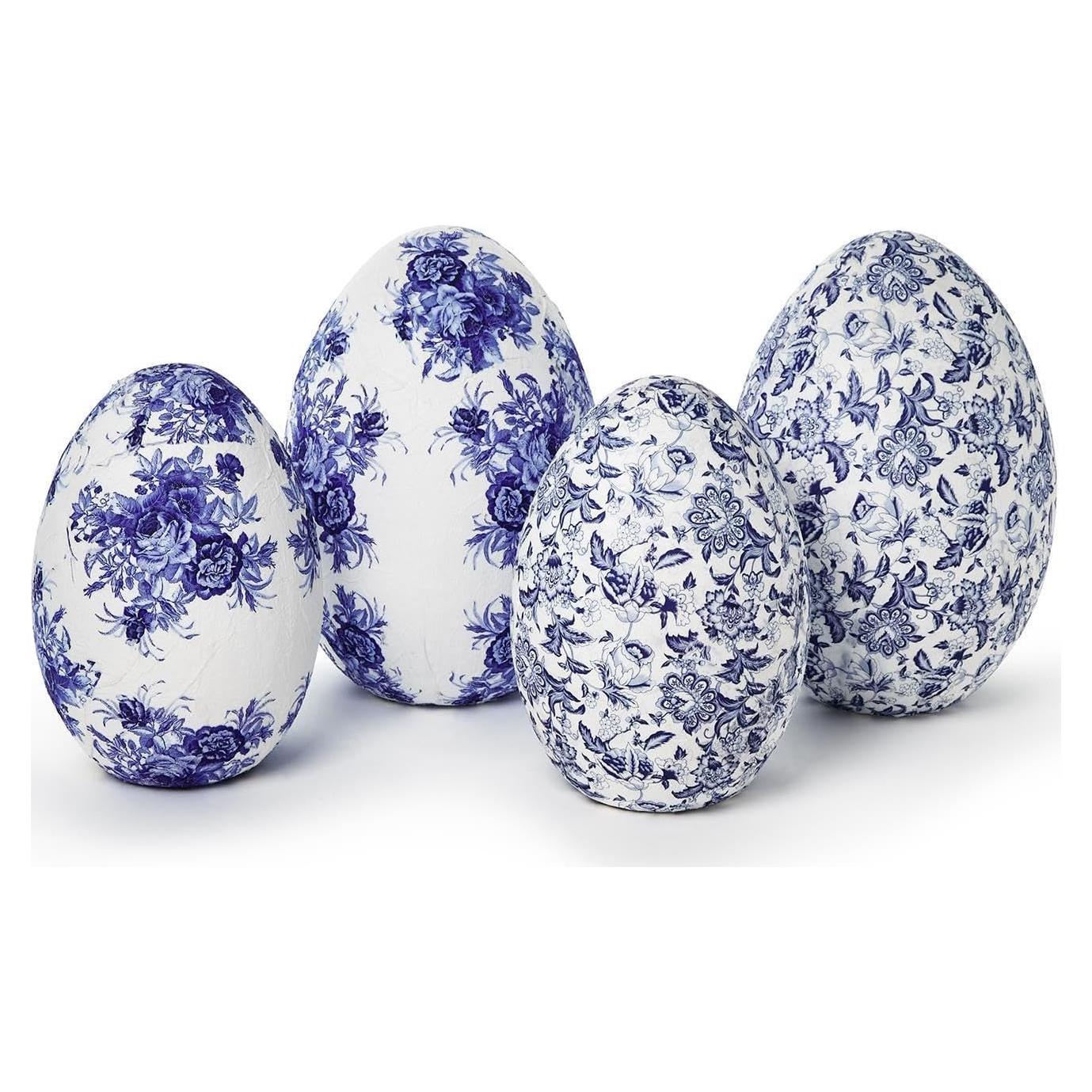 Set de 4 Huevos de Papel Maché Two's Company Azul y Blanco