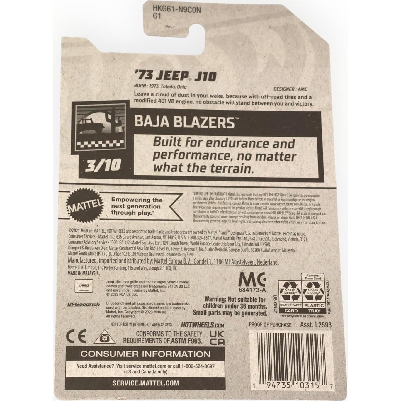 Auto de colección Hot Wheels Jeep C10 1:64 Naranja