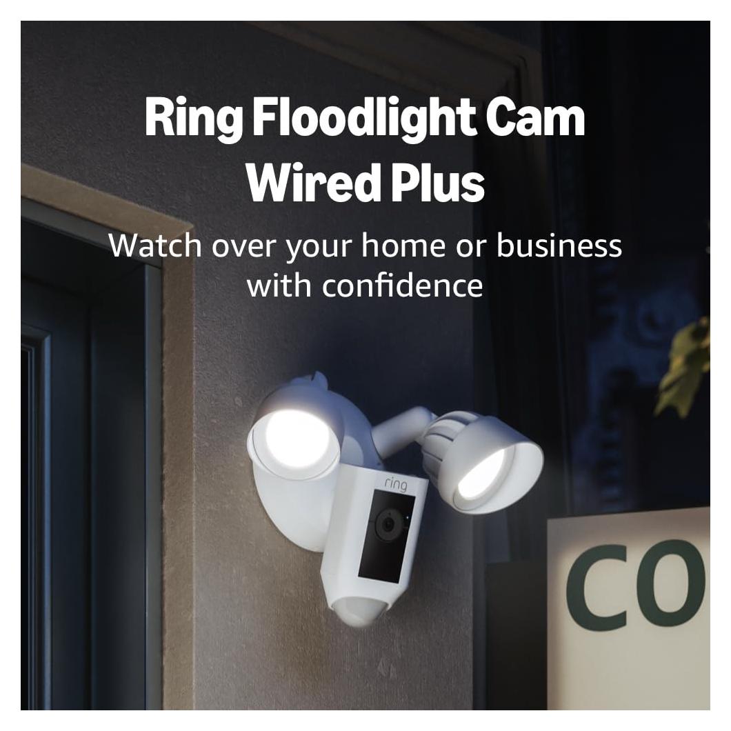 Like-New Ring Floodlight Cam Wired Plus — Outdoor home or business security with motion-activated 1080p HD video and floodlights, (2021 release) White