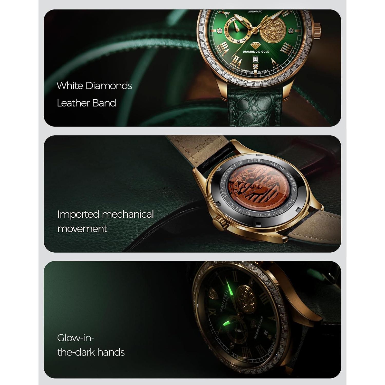 Reloj Mecánico Automático RAINTEN R9001 Verde con Cuero