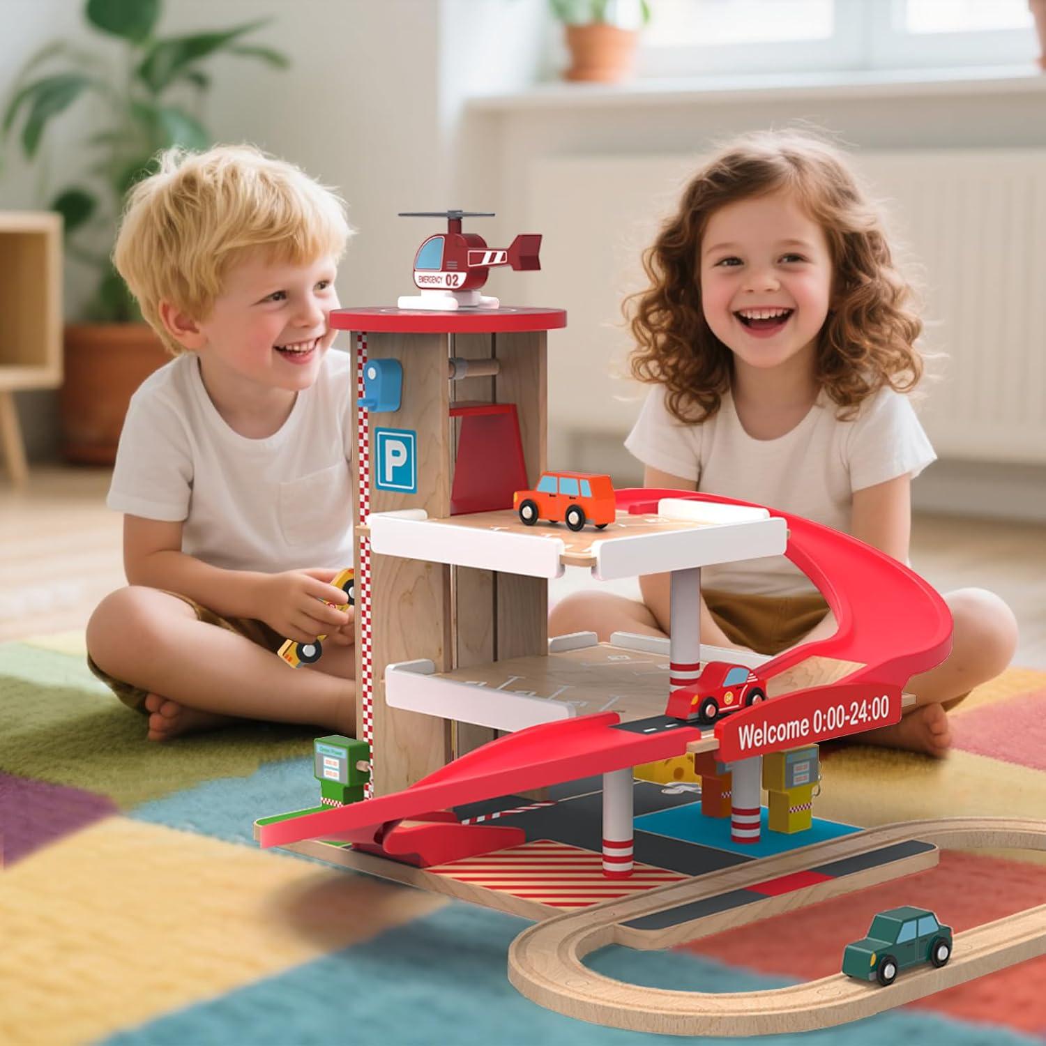 Garaje de Juguete Letoiz con Elevador y 4 Coches - Madera