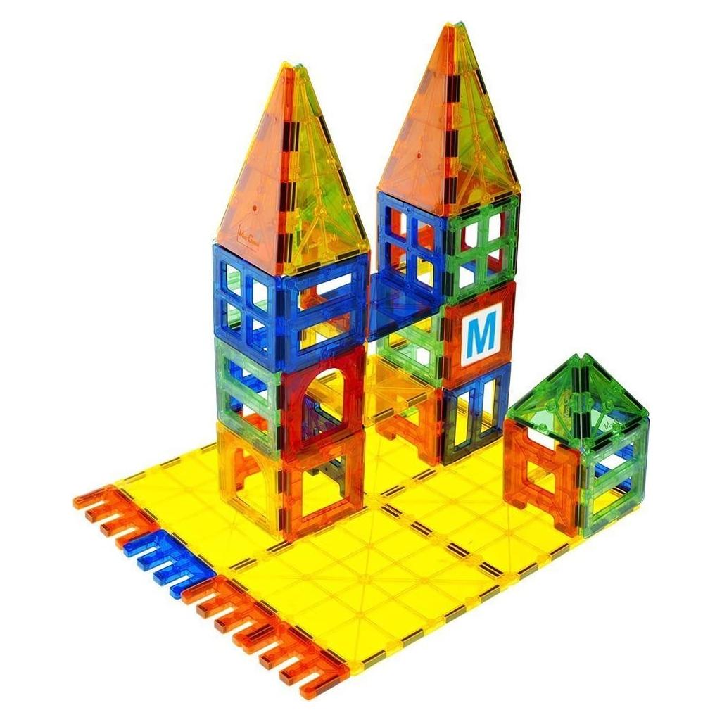 Magnet Tiles - Clear Magnetic 3D Building Blocks - Educational Toys, Games, Activities, Puzzles - Creativity, Motor Skills, Learning Shapes - Storage Bin, 2 Car Base, 120pcs, 13 Click-Ins