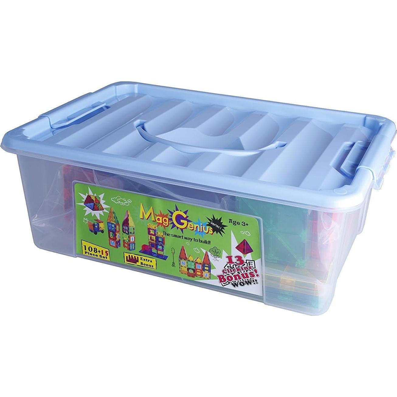 Magnet Tiles - Clear Magnetic 3D Building Blocks - Educational Toys, Games, Activities, Puzzles - Creativity, Motor Skills, Learning Shapes - Storage Bin, 2 Car Base, 120pcs, 13 Click-Ins