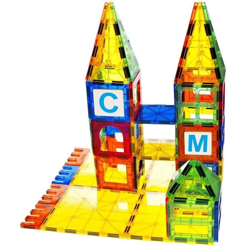 Magnet Tiles - Clear Magnetic 3D Building Blocks - Educational Toys, Games, Activities, Puzzles - Creativity, Motor Skills, Learning Shapes - Storage Bin, 2 Car Base, 120pcs, 13 Click-Ins