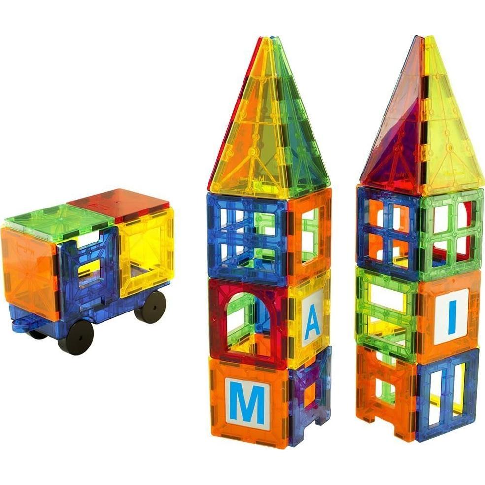 Magnet Tiles - Clear Magnetic 3D Building Blocks - Educational Toys, Games, Activities, Puzzles - Creativity, Motor Skills, Learning Shapes - Storage Bin, 2 Car Base, 120pcs, 13 Click-Ins