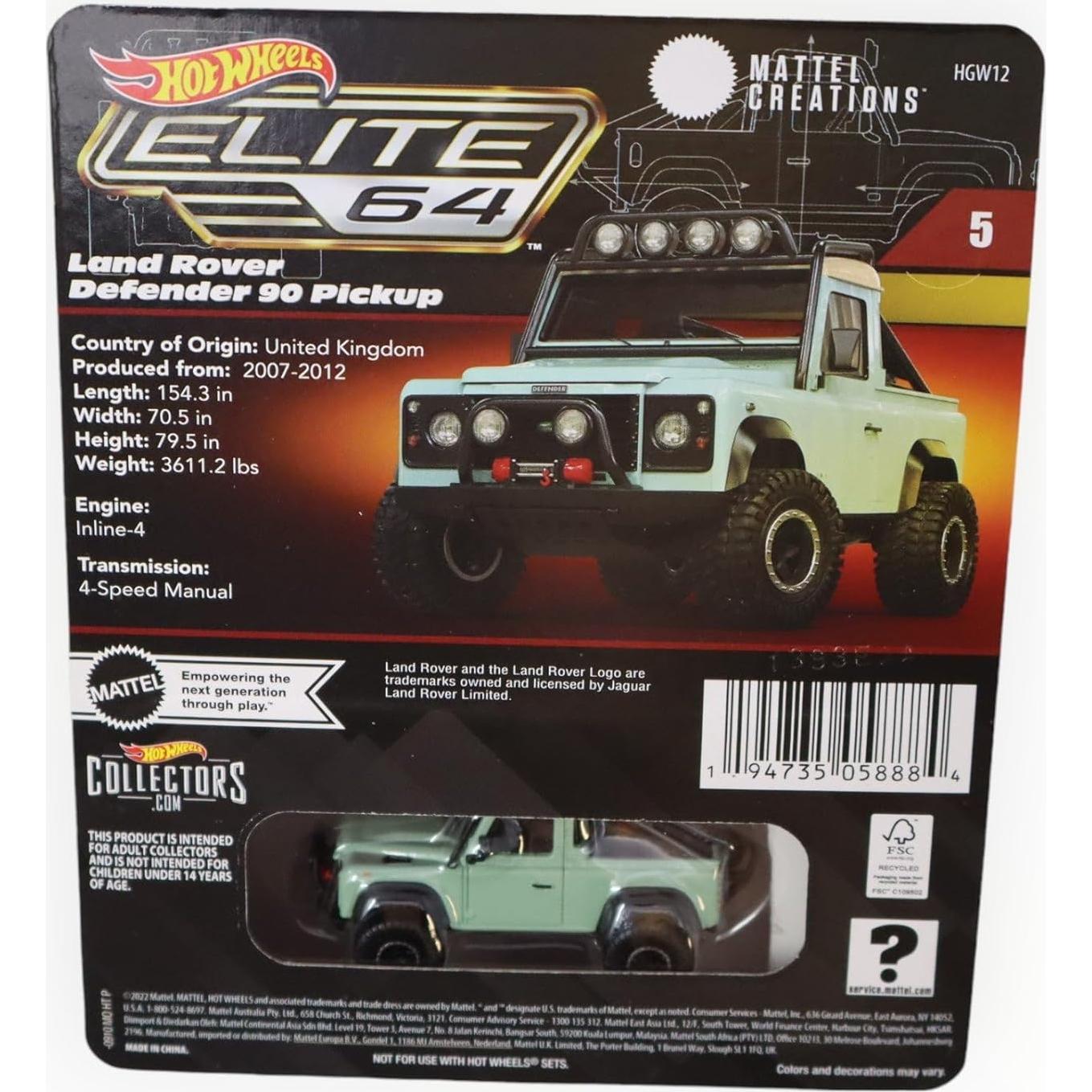 Hot Wheels Land Rover Defender '90 Pickup Elite 64 Die Cast