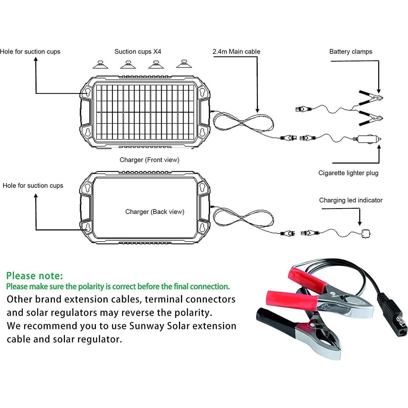 Cargador Solar Sunway 8W 12V para Baterías de Vehículos