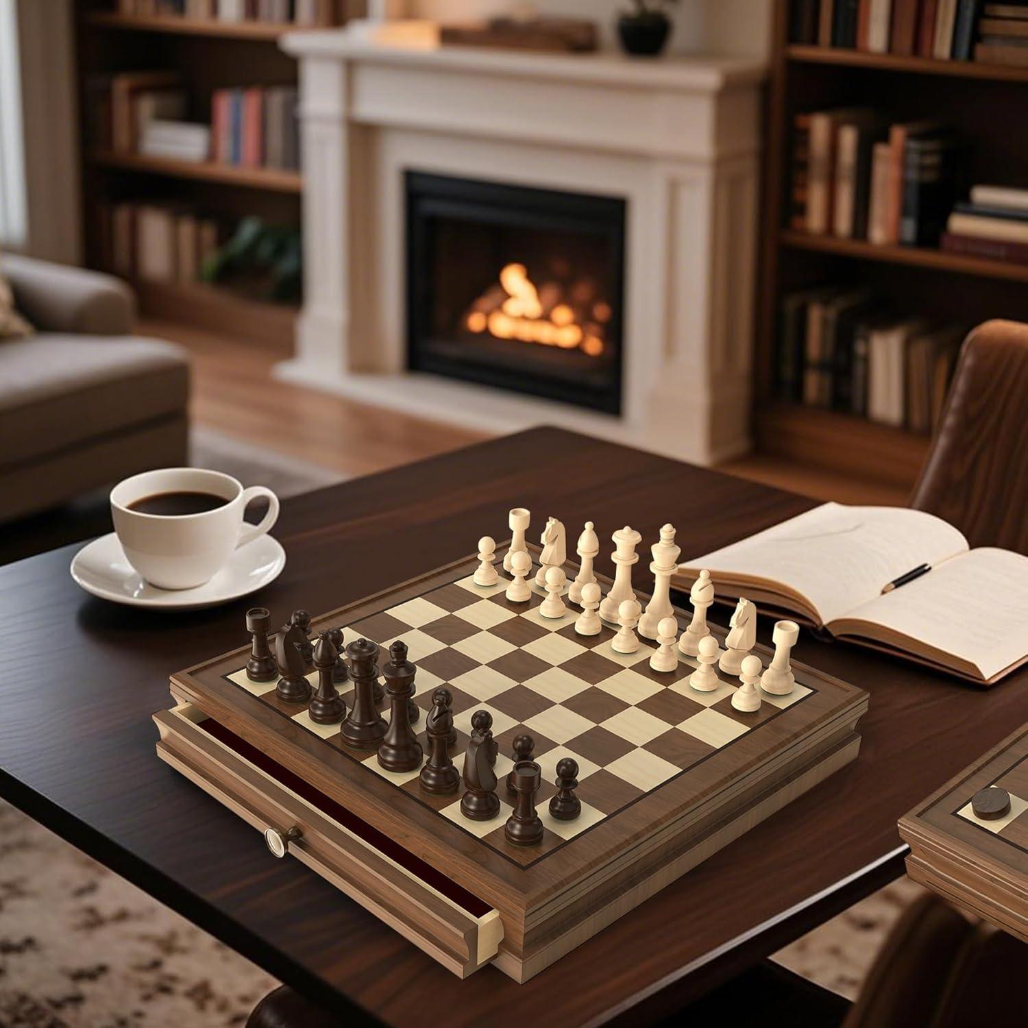 Juego de Ajedrez Magnético de Madera Nogal 33x33 cm con Cajón