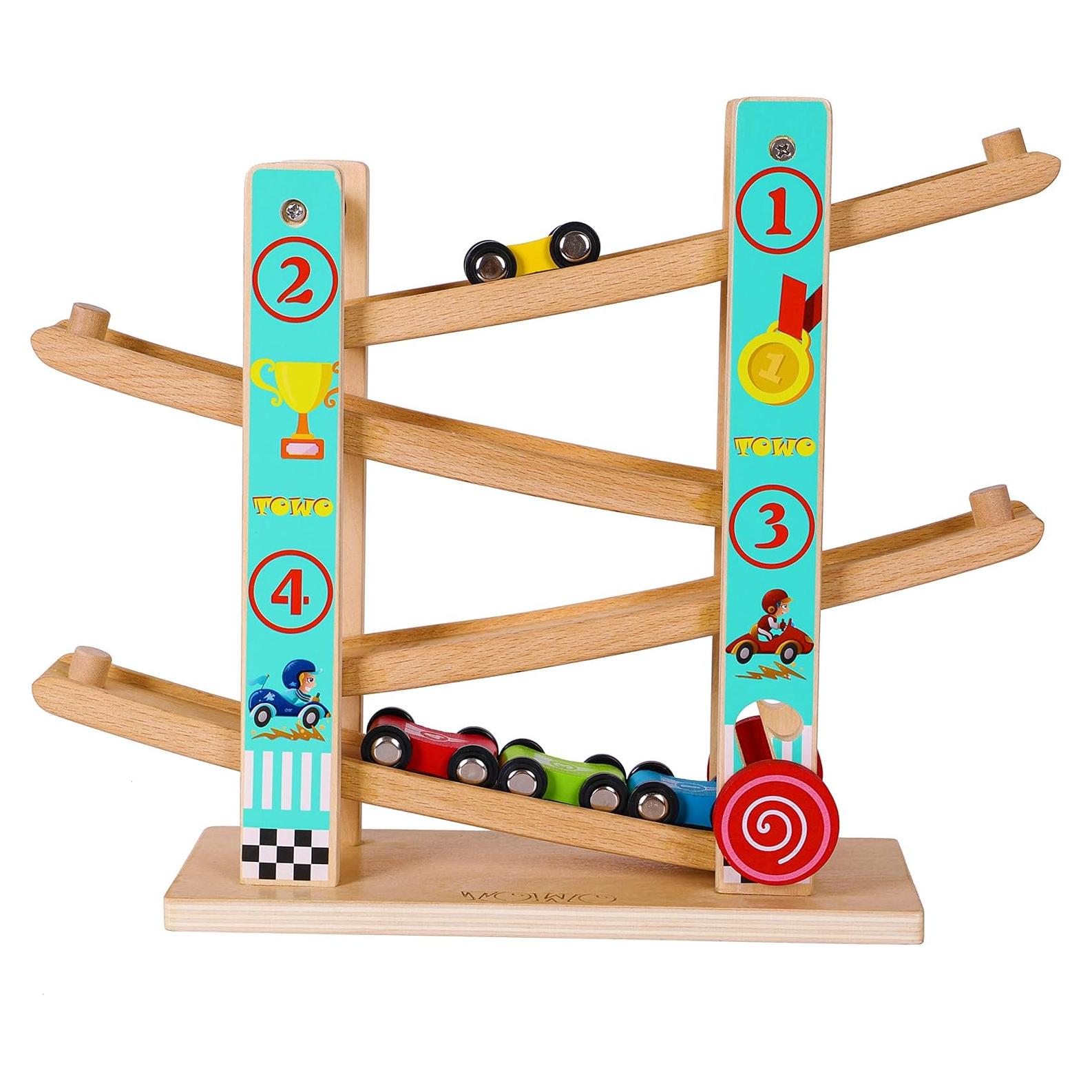 TOWO Rampa de Coche de Madera Pura - 4 Coches Incluidos