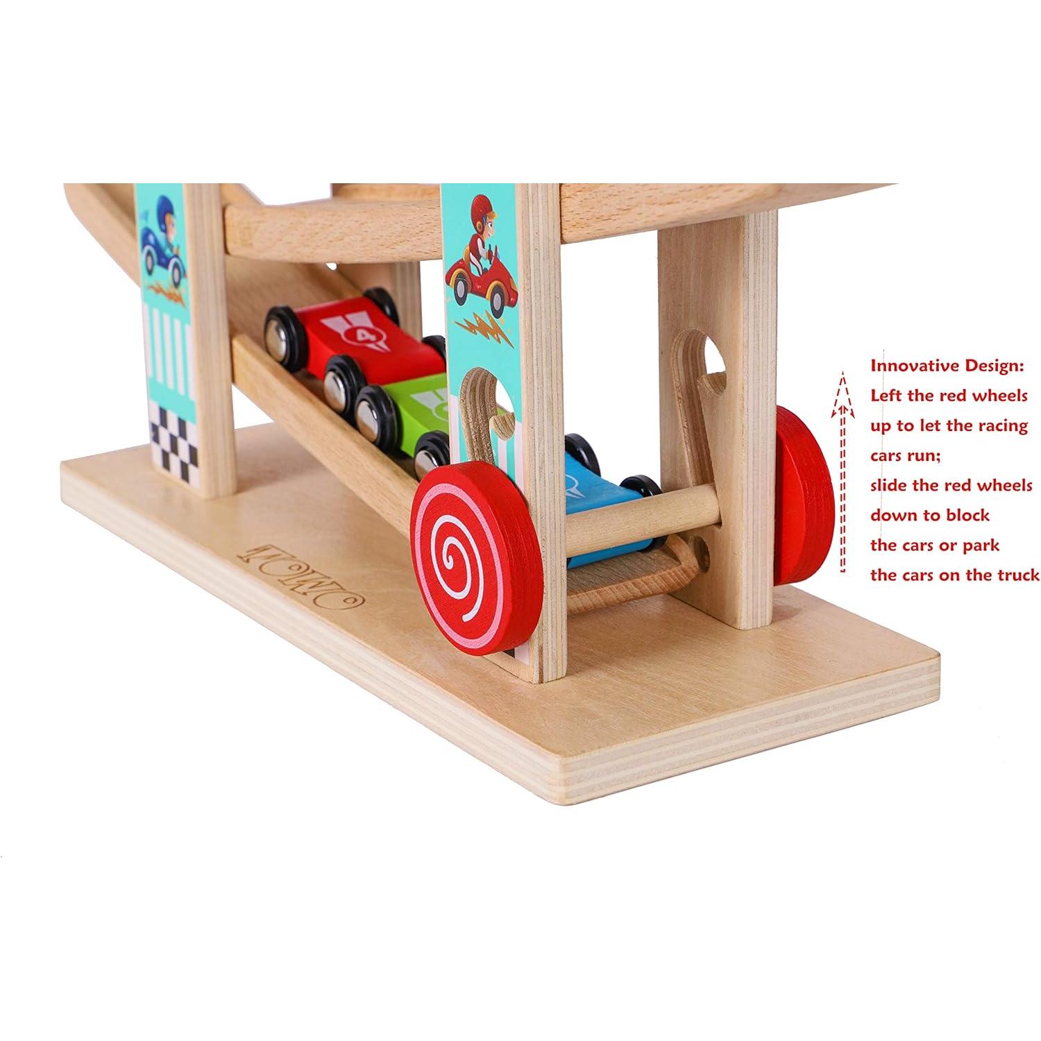 TOWO Rampa de Coche de Madera Pura - 4 Coches Incluidos