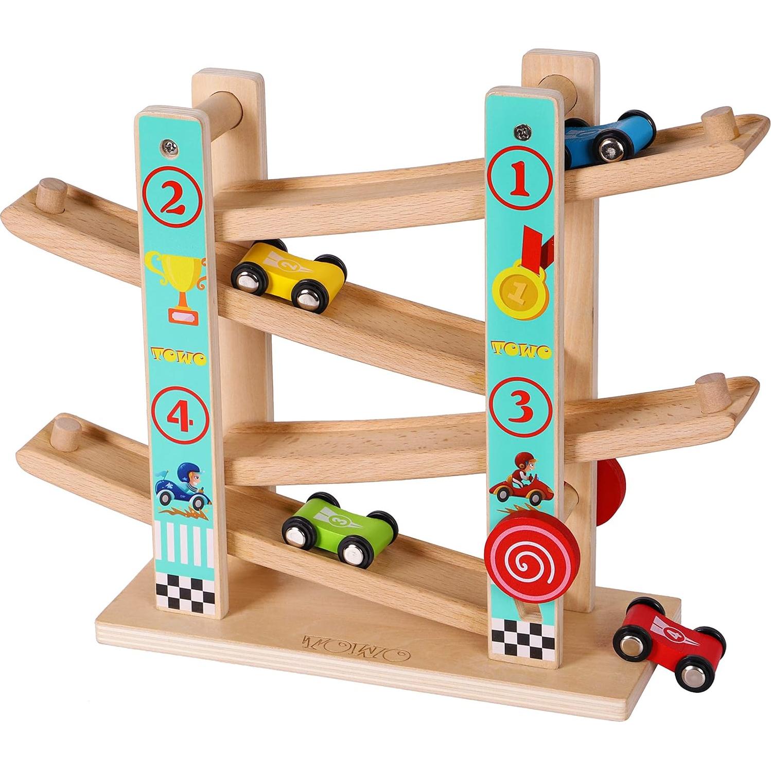 TOWO Rampa de Coche de Madera Pura - 4 Coches Incluidos