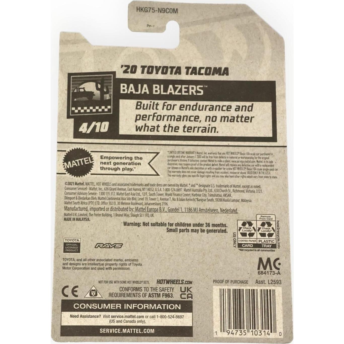 Hot Wheels Toyota Tacoma 2020 Escala 1:64 Metal Blanco