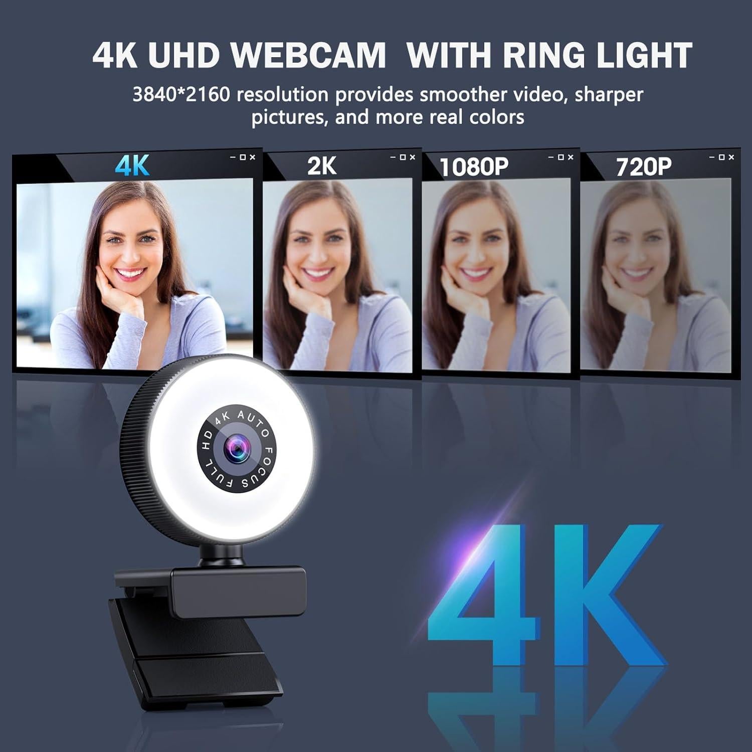4K HD Autofocus Webcam with Microphone, Adjustable Light and Privacy Cover, Plug and Play USB for Laptop/Desktop Video Calling