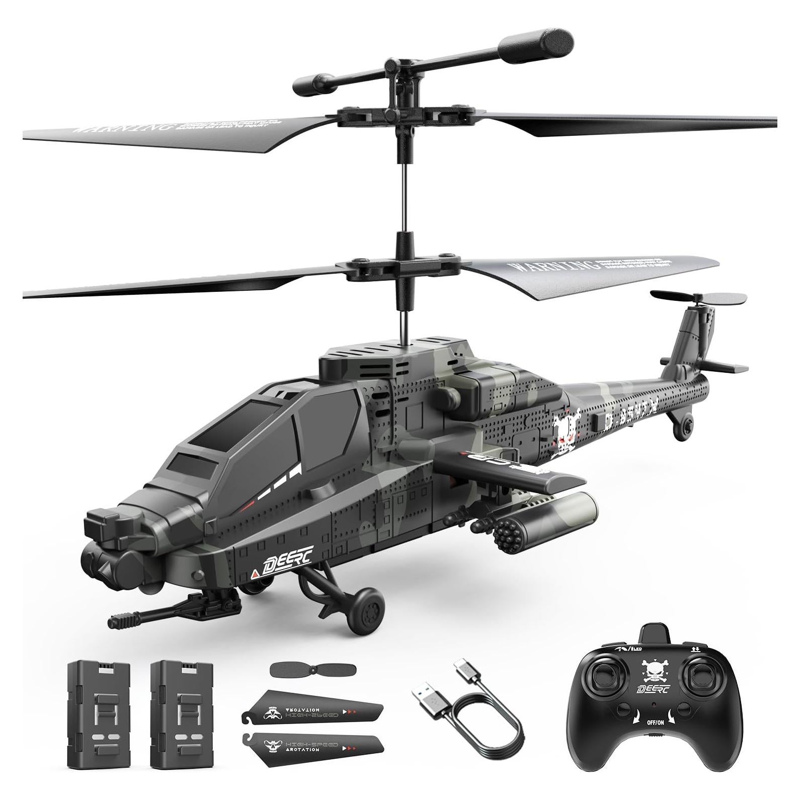 Helicóptero RC DEERC Apache Militar con Luces LED y 26 Min de Vuelo