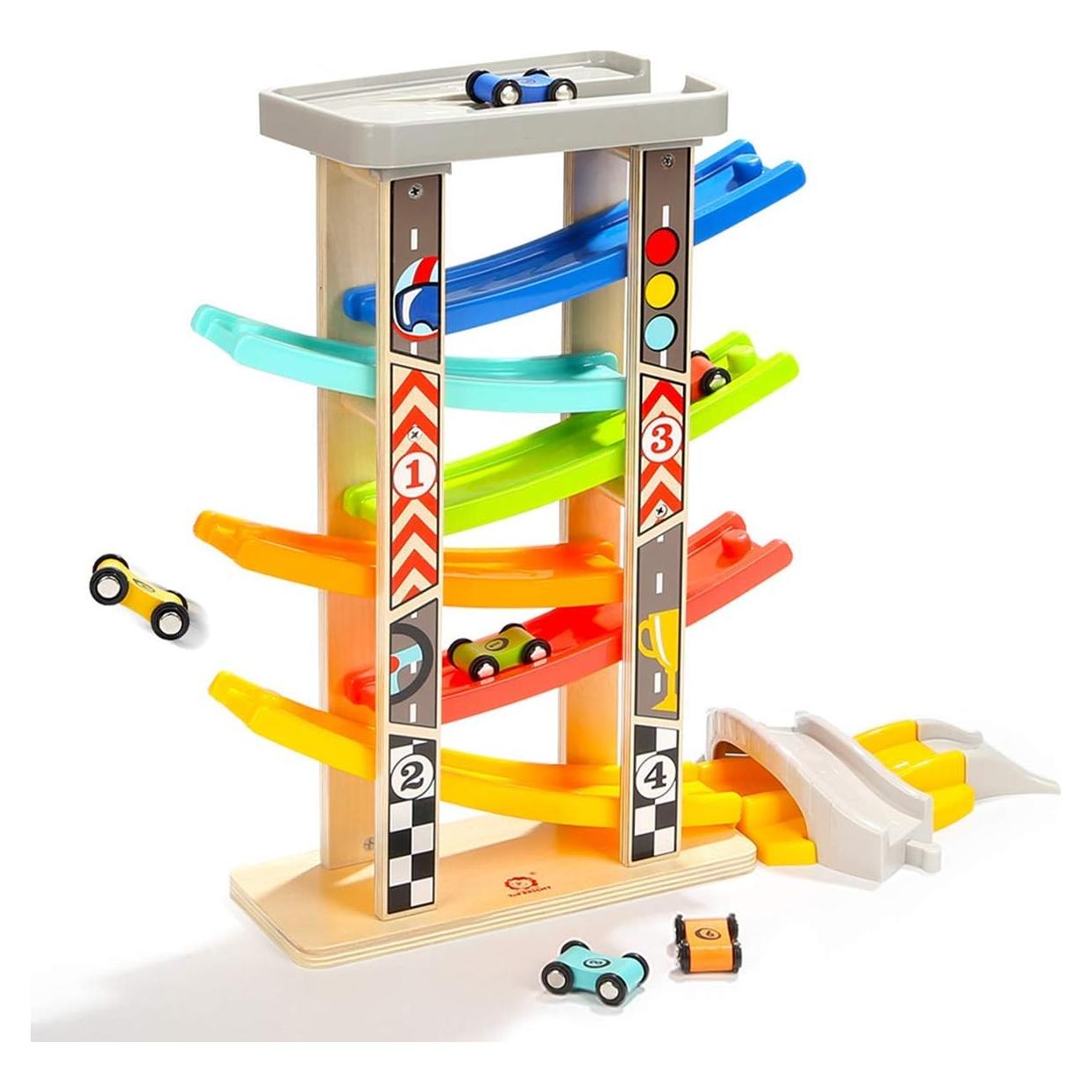 Pista de Carreras de Madera TOP BRIGHT con 6 Coches y Garaje