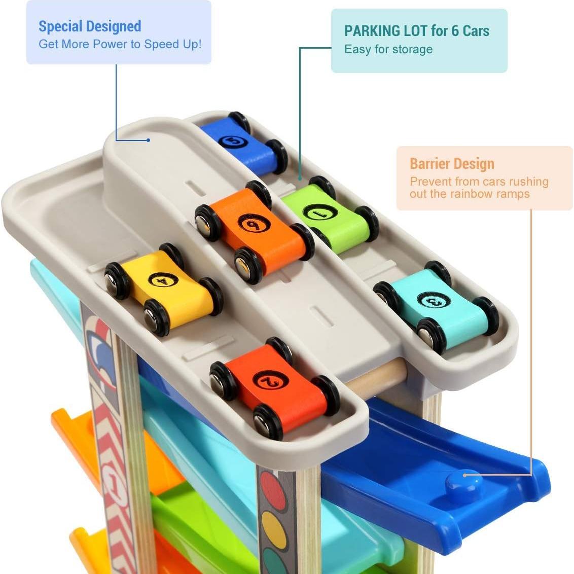Pista de Carreras de Madera TOP BRIGHT con 6 Coches y Garaje