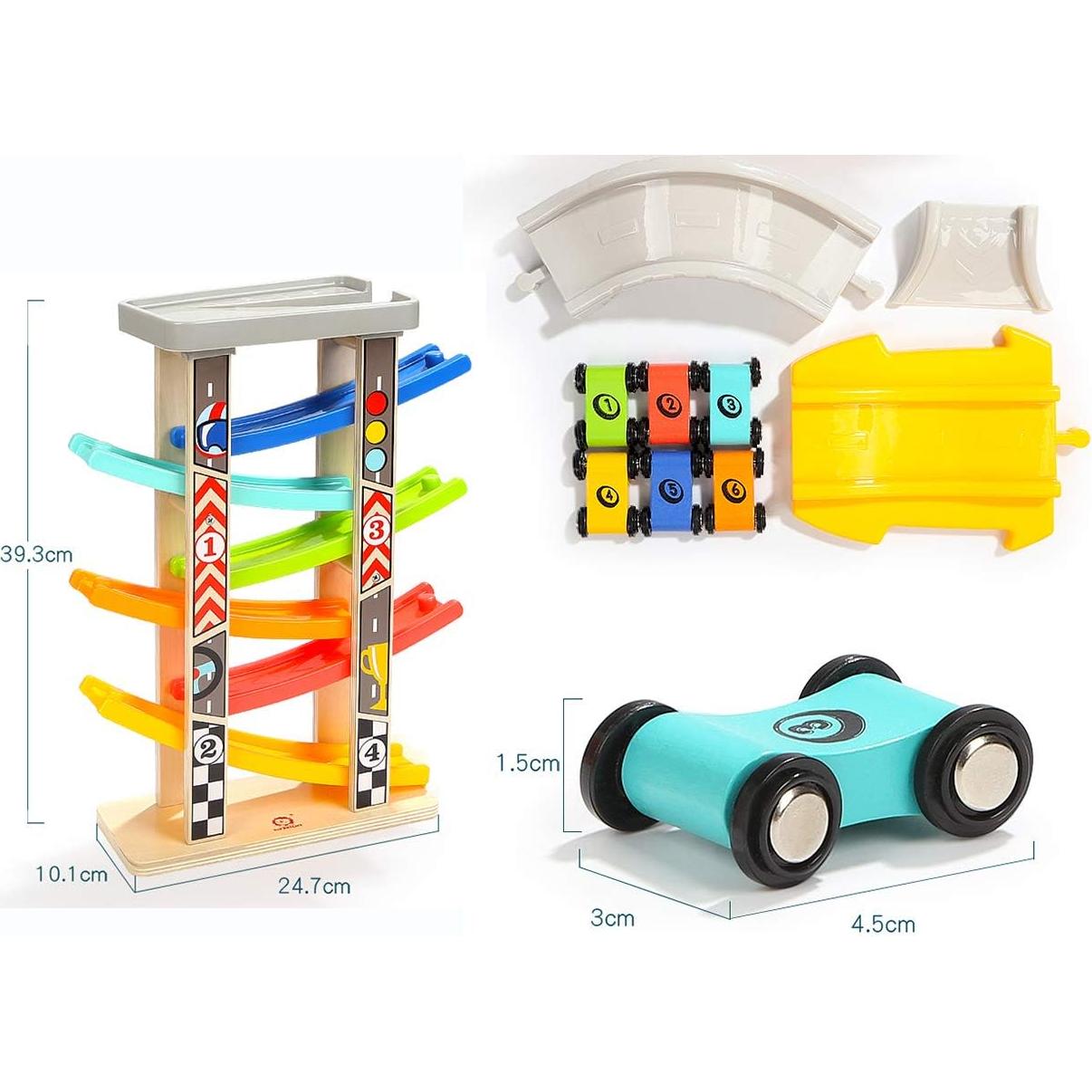 Pista de Carreras de Madera TOP BRIGHT con 6 Coches y Garaje