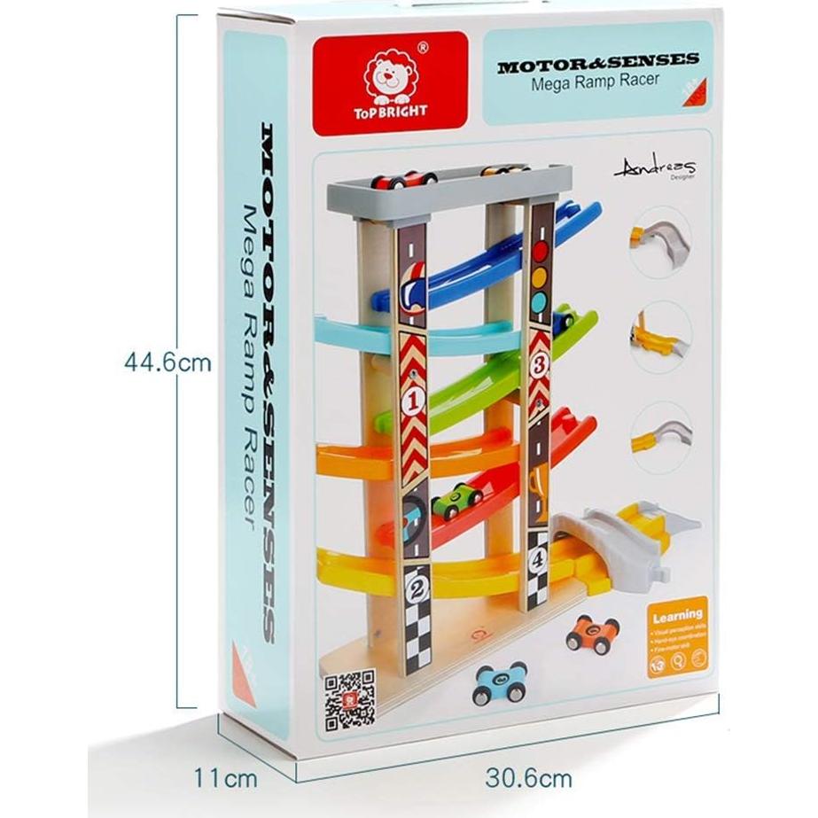 Pista de Carreras de Madera TOP BRIGHT con 6 Coches y Garaje