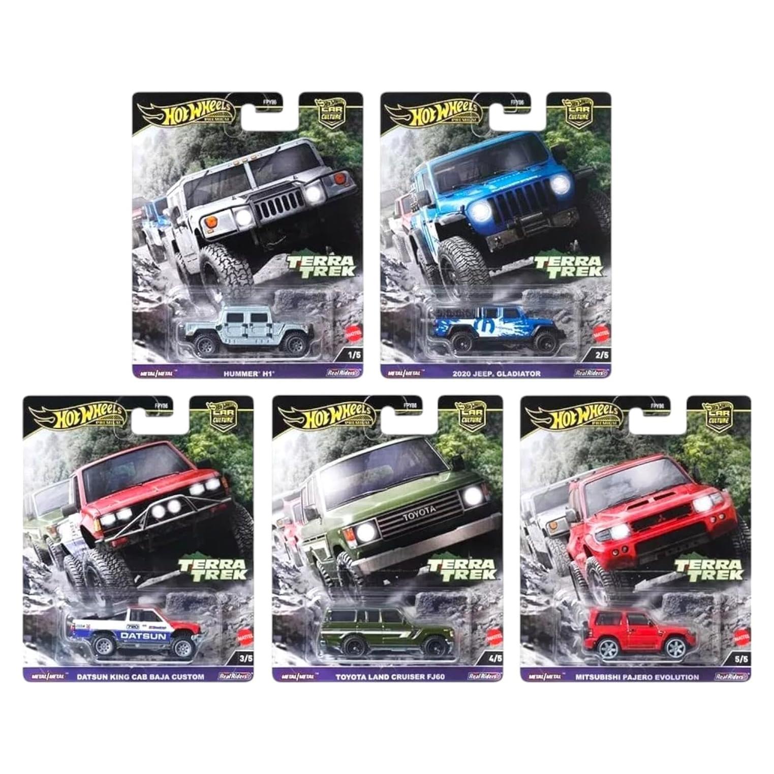 Set de 5 Autos Off-Road Hot Wheels Terra Trek - Hummer, Jeep, Datsun, Toyota, Mitsubishi