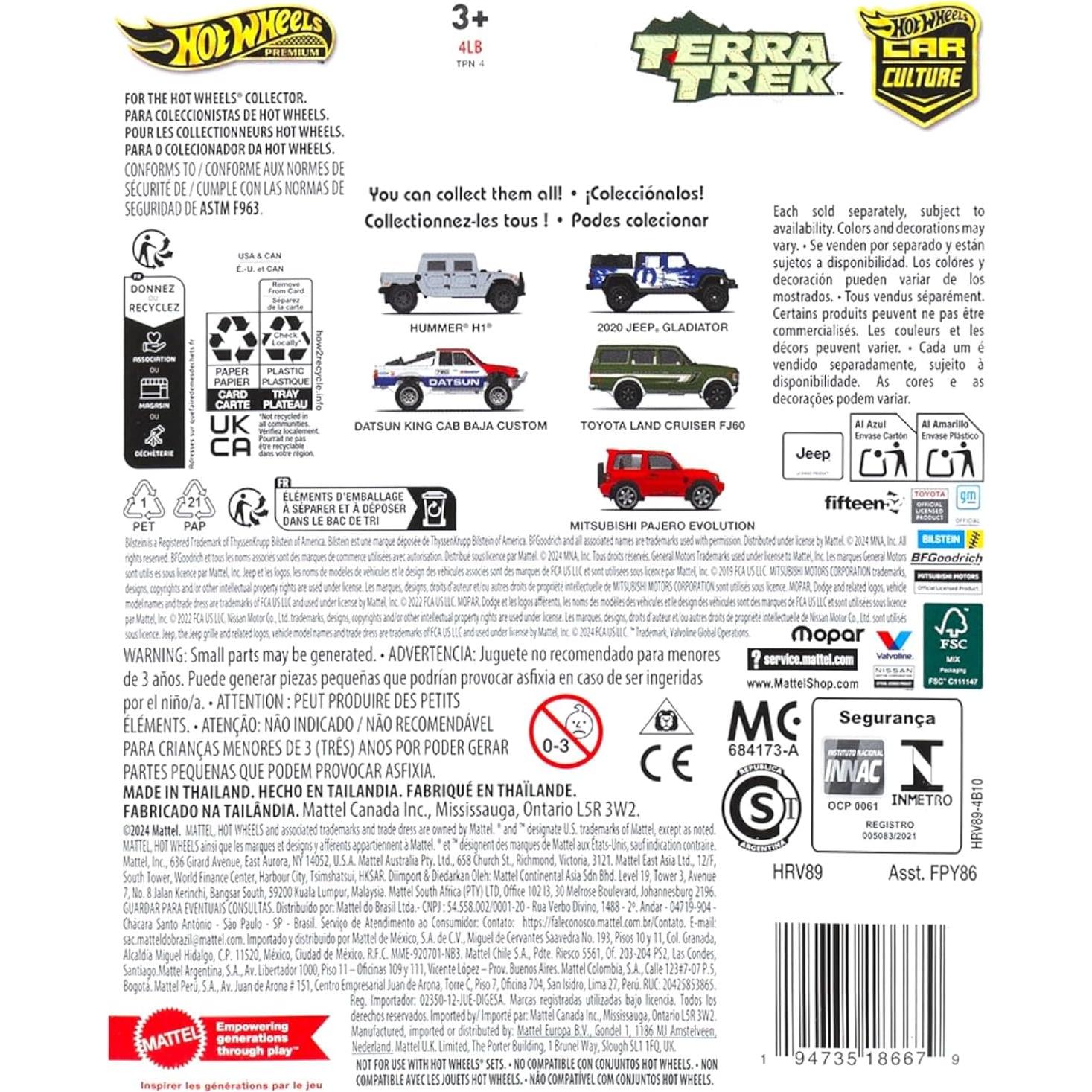 Set de 5 Autos Off-Road Hot Wheels Terra Trek - Hummer, Jeep, Datsun, Toyota, Mitsubishi