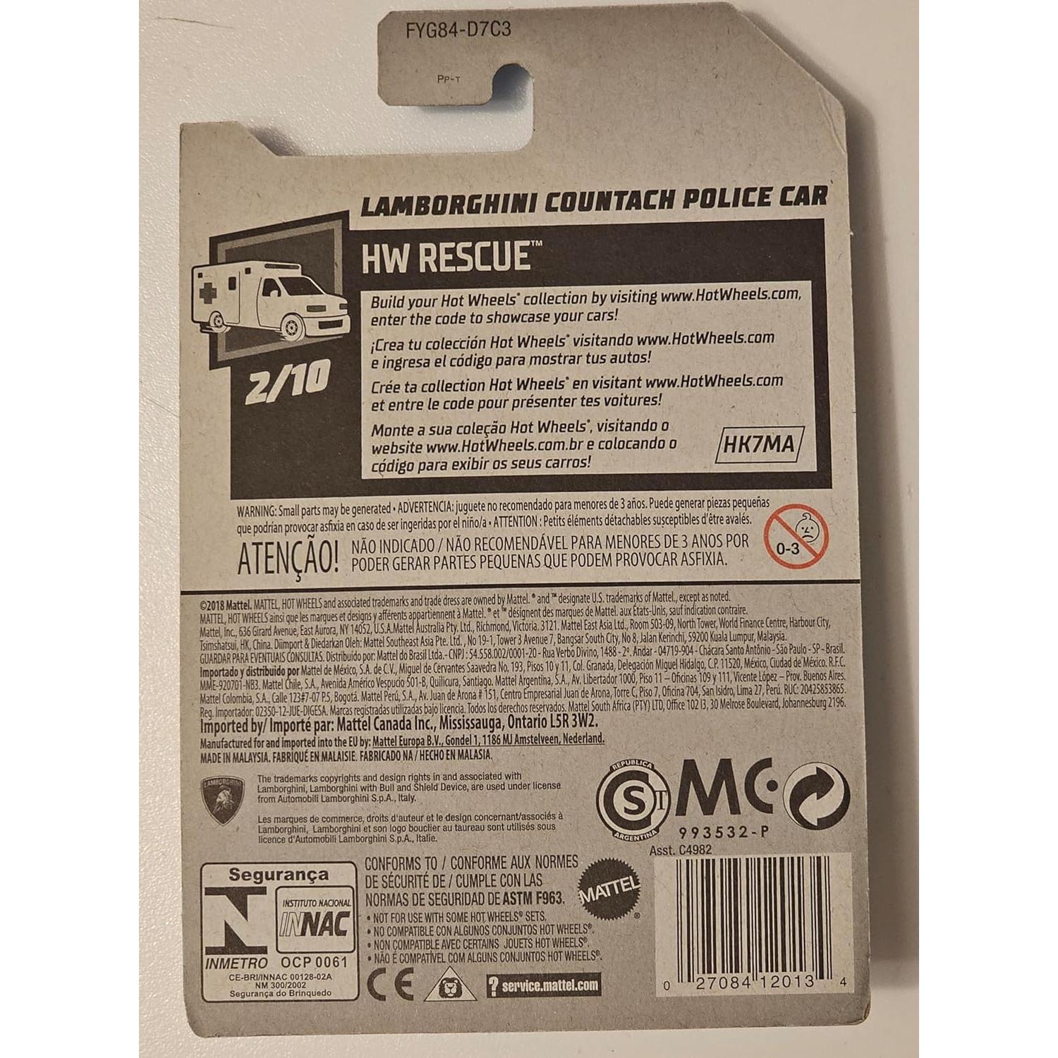 Hot Wheels Coche de Policía Lamborghini Countach 1:64 Azul