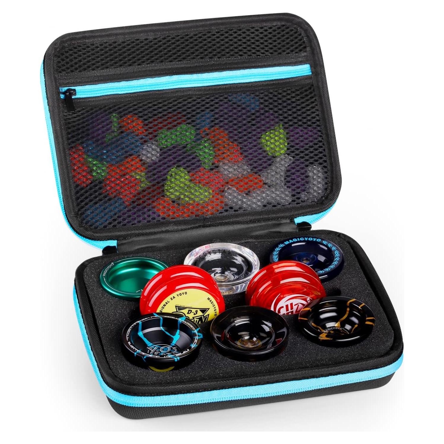 MAGICYOYO Yoyo Ball Storage Bag, Professional Yo-yo Case with Dual Zipper, Yo-Yo Carry Bag with Handle for Outdoor Equipment Protective Bag, 8 Yo Yo Storage Holes and Interior Zip Mesh Bag-Black Blue