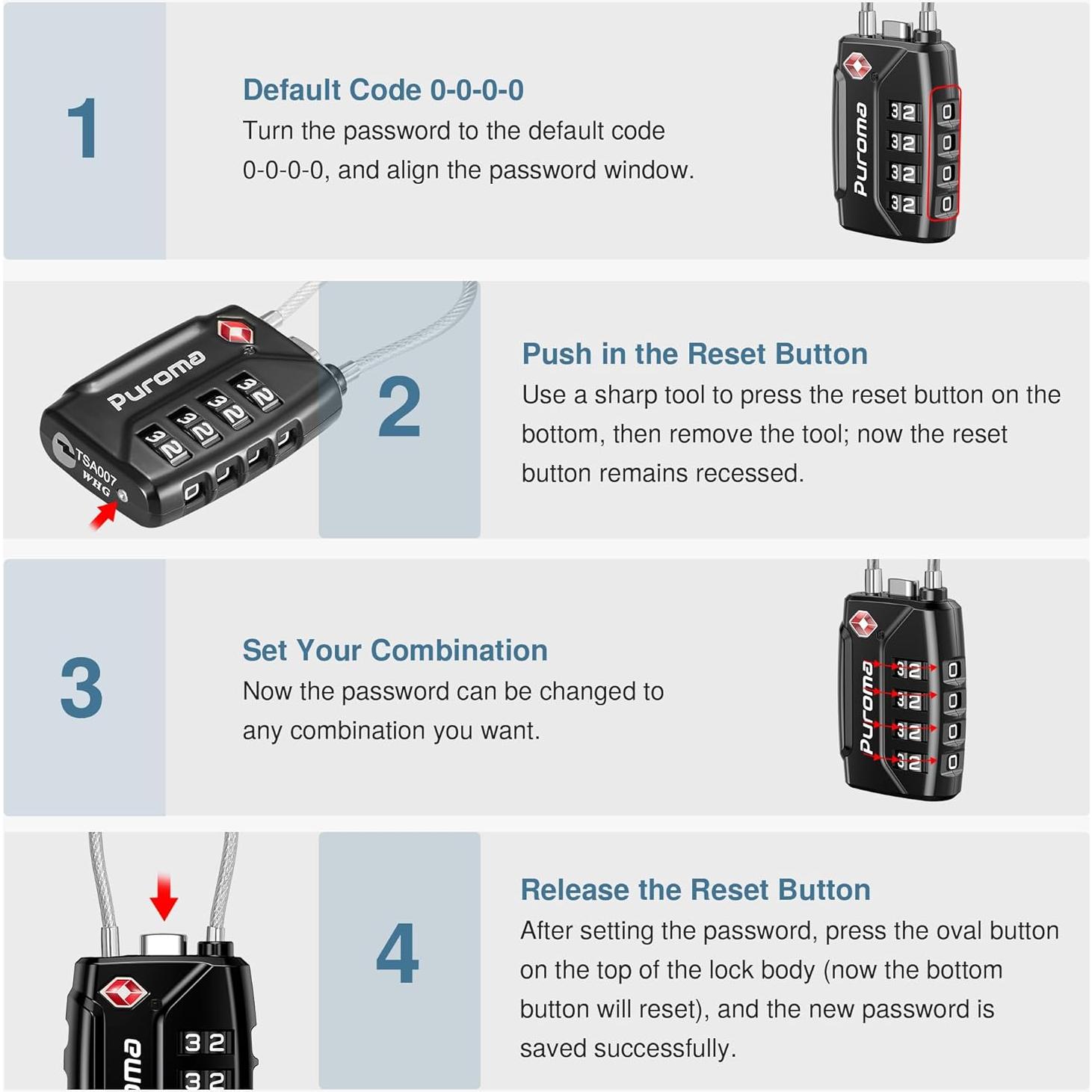 Candado de Equipaje Puroma CLL28B Combinación 4 Dígitos Negro