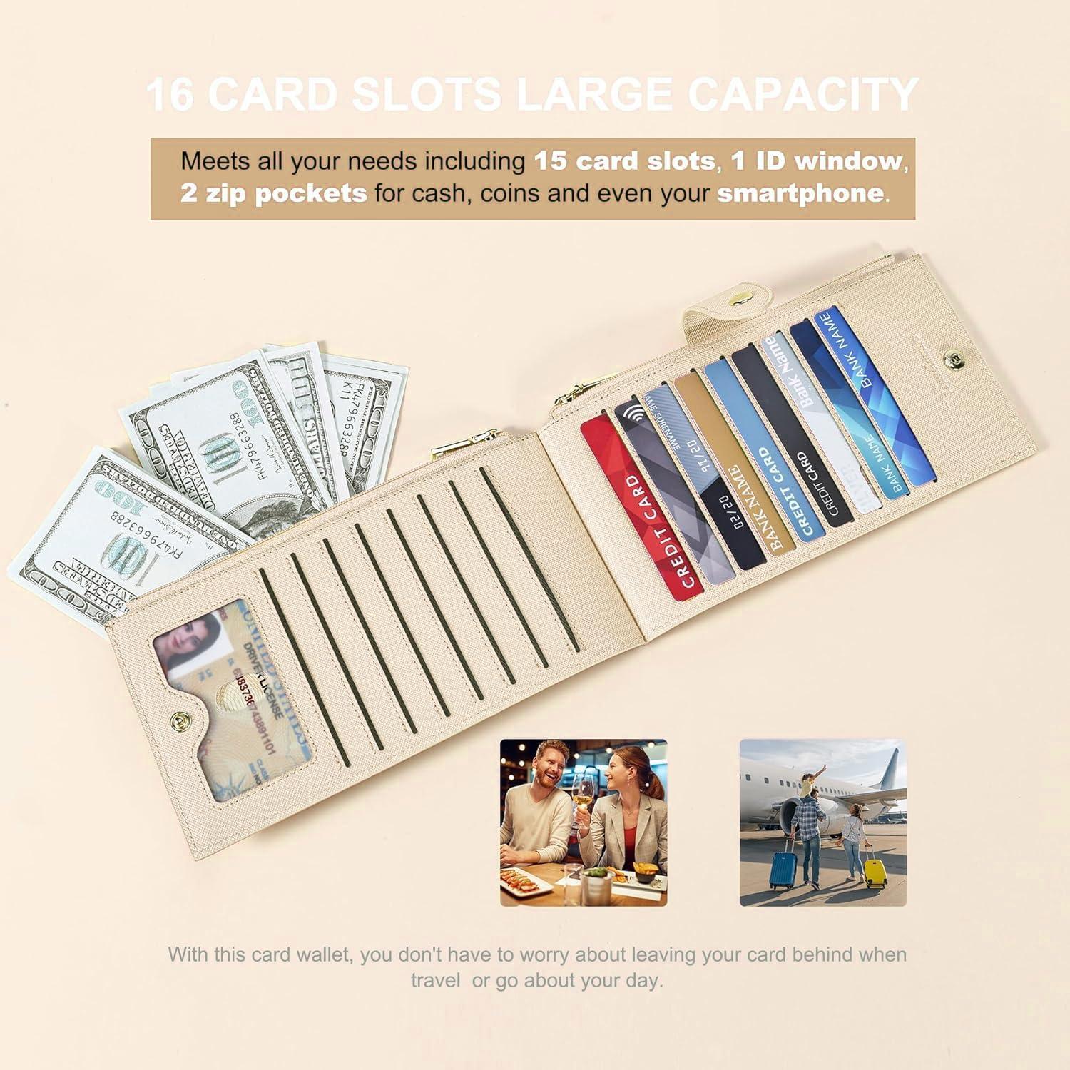 Billetera Travelambo RFID Mujer Grande Bifold 16 Tarjetas Beige