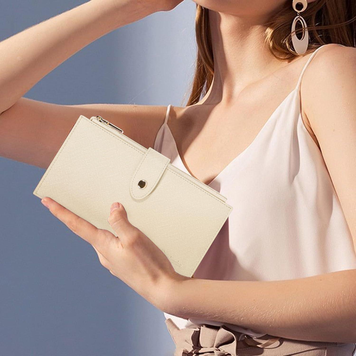 Billetera Travelambo RFID Mujer Grande Bifold 16 Tarjetas Beige