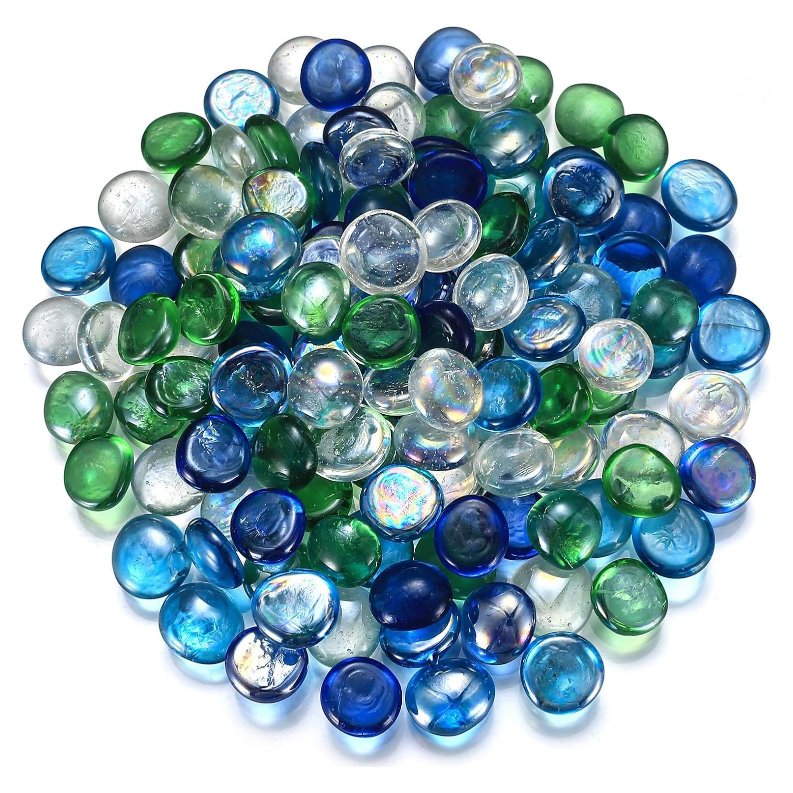 Flat Glass Pebbles,1000g/About 200 Pcs Glass Decorative Marbles, Clear Bule Aquarium Gems Pebbles Beads Stones for Vase Filler, Fish Tanks, Bowls, Plants, Table Centerpieces Decorations