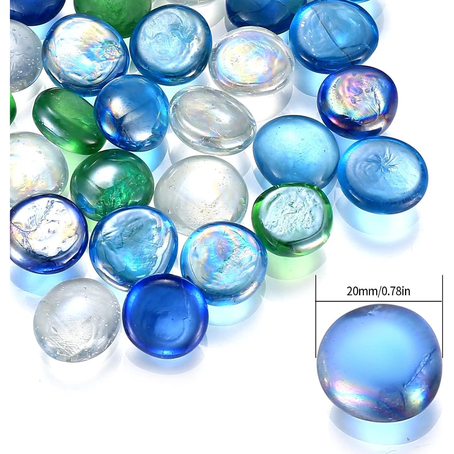 Flat Glass Pebbles,1000g/About 200 Pcs Glass Decorative Marbles, Clear Bule Aquarium Gems Pebbles Beads Stones for Vase Filler, Fish Tanks, Bowls, Plants, Table Centerpieces Decorations