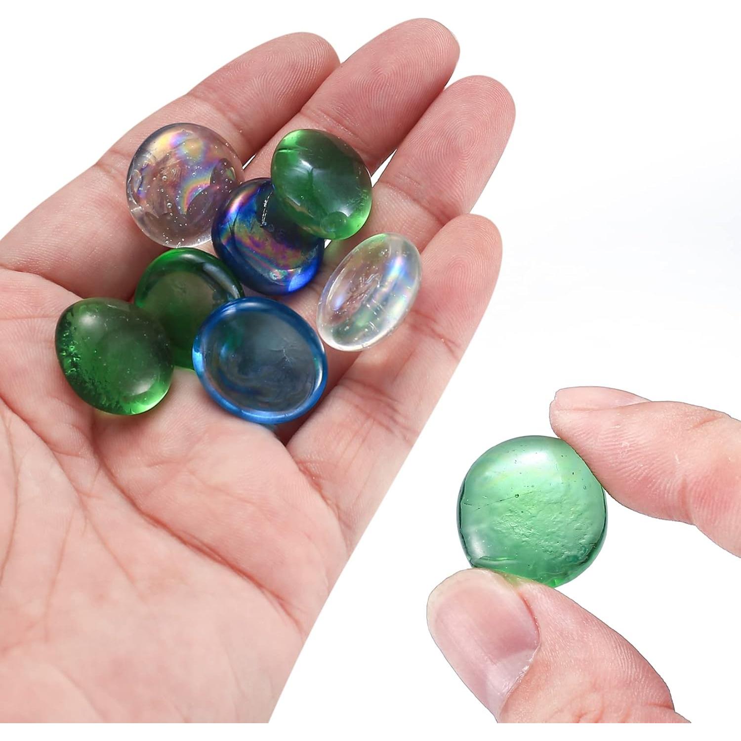 Flat Glass Pebbles,1000g/About 200 Pcs Glass Decorative Marbles, Clear Bule Aquarium Gems Pebbles Beads Stones for Vase Filler, Fish Tanks, Bowls, Plants, Table Centerpieces Decorations