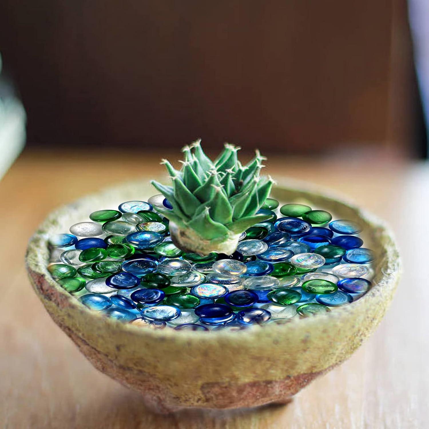 Flat Glass Pebbles,1000g/About 200 Pcs Glass Decorative Marbles, Clear Bule Aquarium Gems Pebbles Beads Stones for Vase Filler, Fish Tanks, Bowls, Plants, Table Centerpieces Decorations