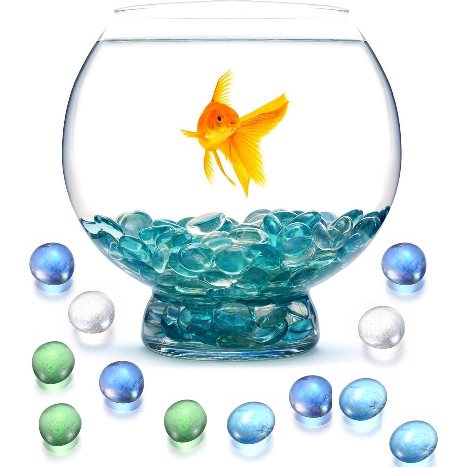 Flat Glass Pebbles,1000g/About 200 Pcs Glass Decorative Marbles, Clear Bule Aquarium Gems Pebbles Beads Stones for Vase Filler, Fish Tanks, Bowls, Plants, Table Centerpieces Decorations