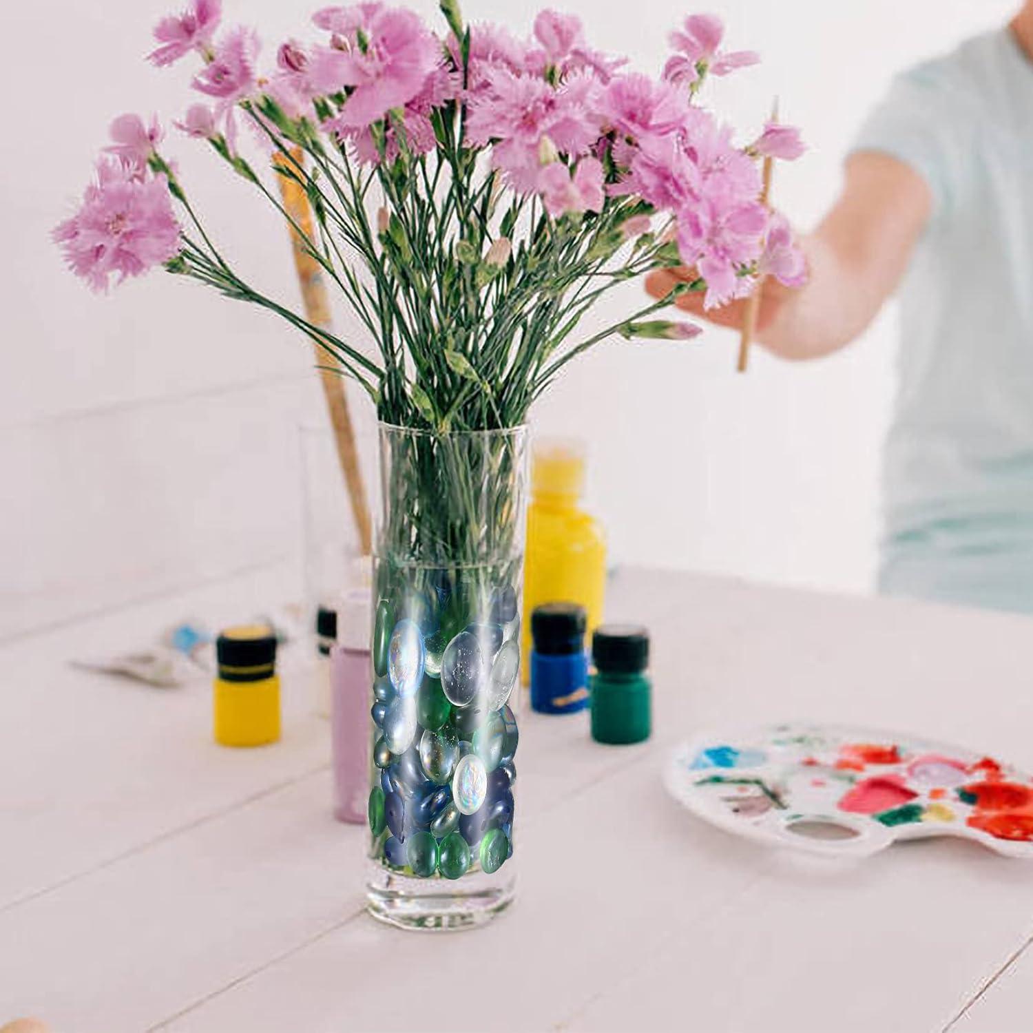 Flat Glass Pebbles,1000g/About 200 Pcs Glass Decorative Marbles, Clear Bule Aquarium Gems Pebbles Beads Stones for Vase Filler, Fish Tanks, Bowls, Plants, Table Centerpieces Decorations