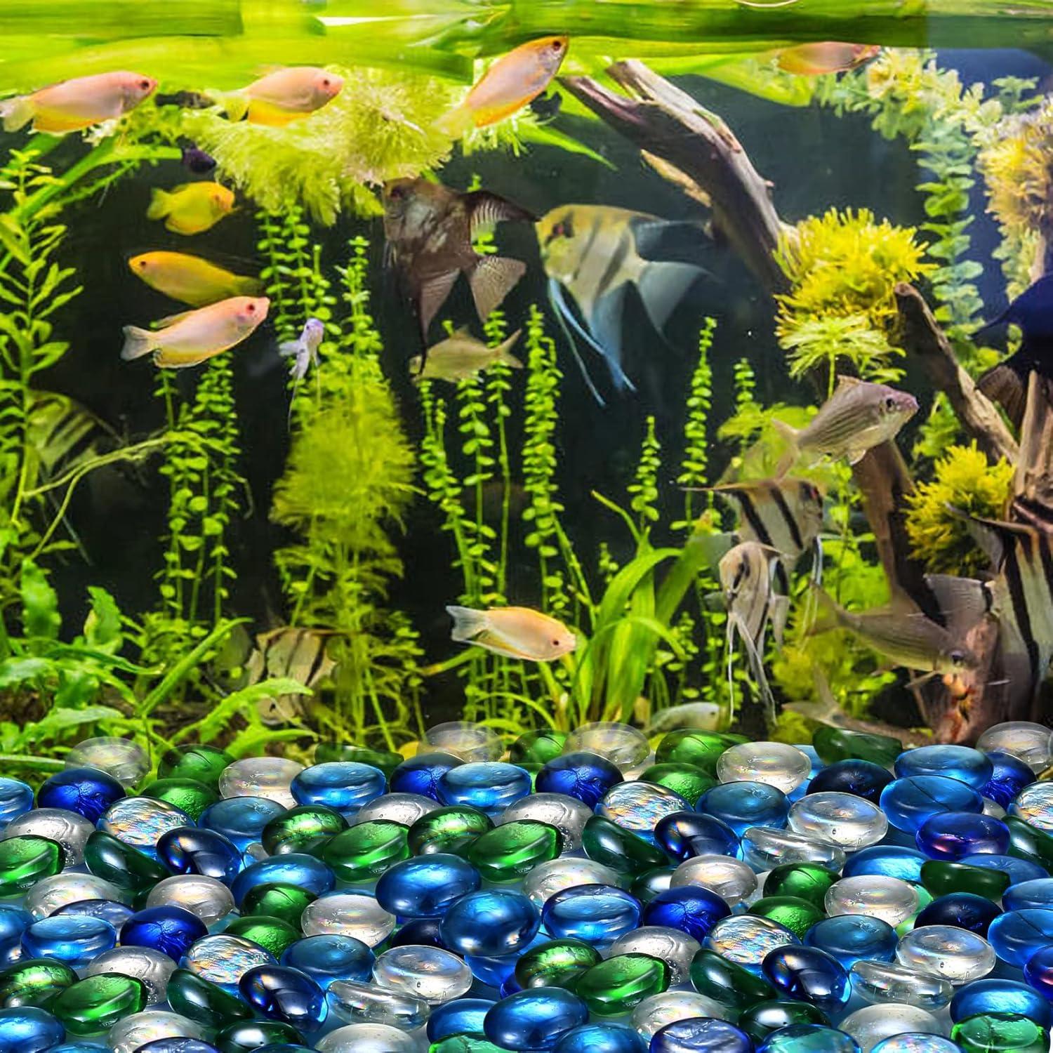 Flat Glass Pebbles,1000g/About 200 Pcs Glass Decorative Marbles, Clear Bule Aquarium Gems Pebbles Beads Stones for Vase Filler, Fish Tanks, Bowls, Plants, Table Centerpieces Decorations