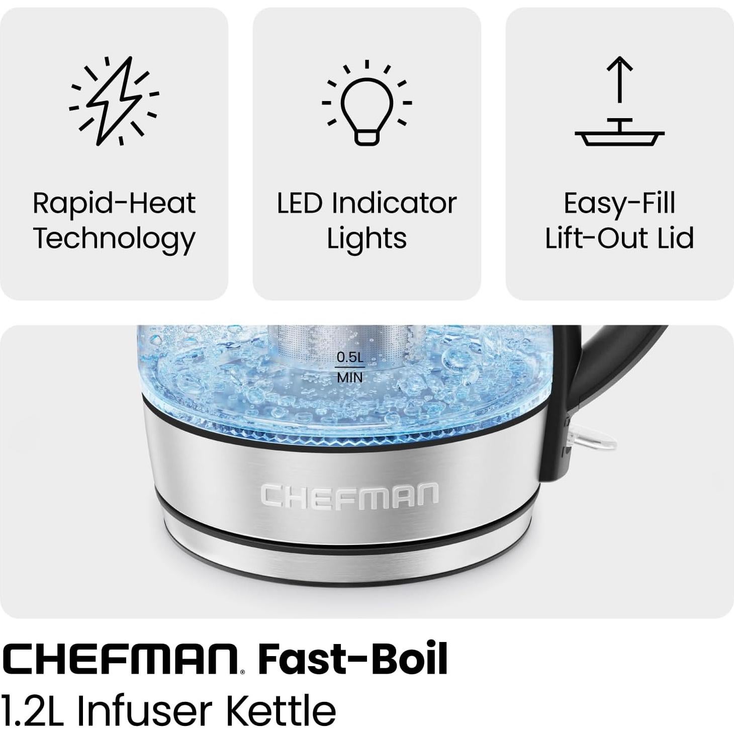 Hervidor Eléctrico Chefman 1.2L Acero Inoxidable con Infusor