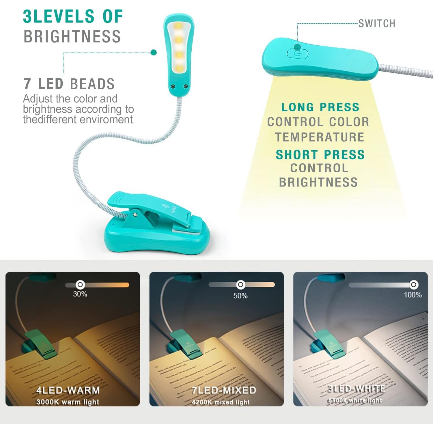 Luz de libro recargable Vekkia BK-03-BU, 3 brillos, 70h