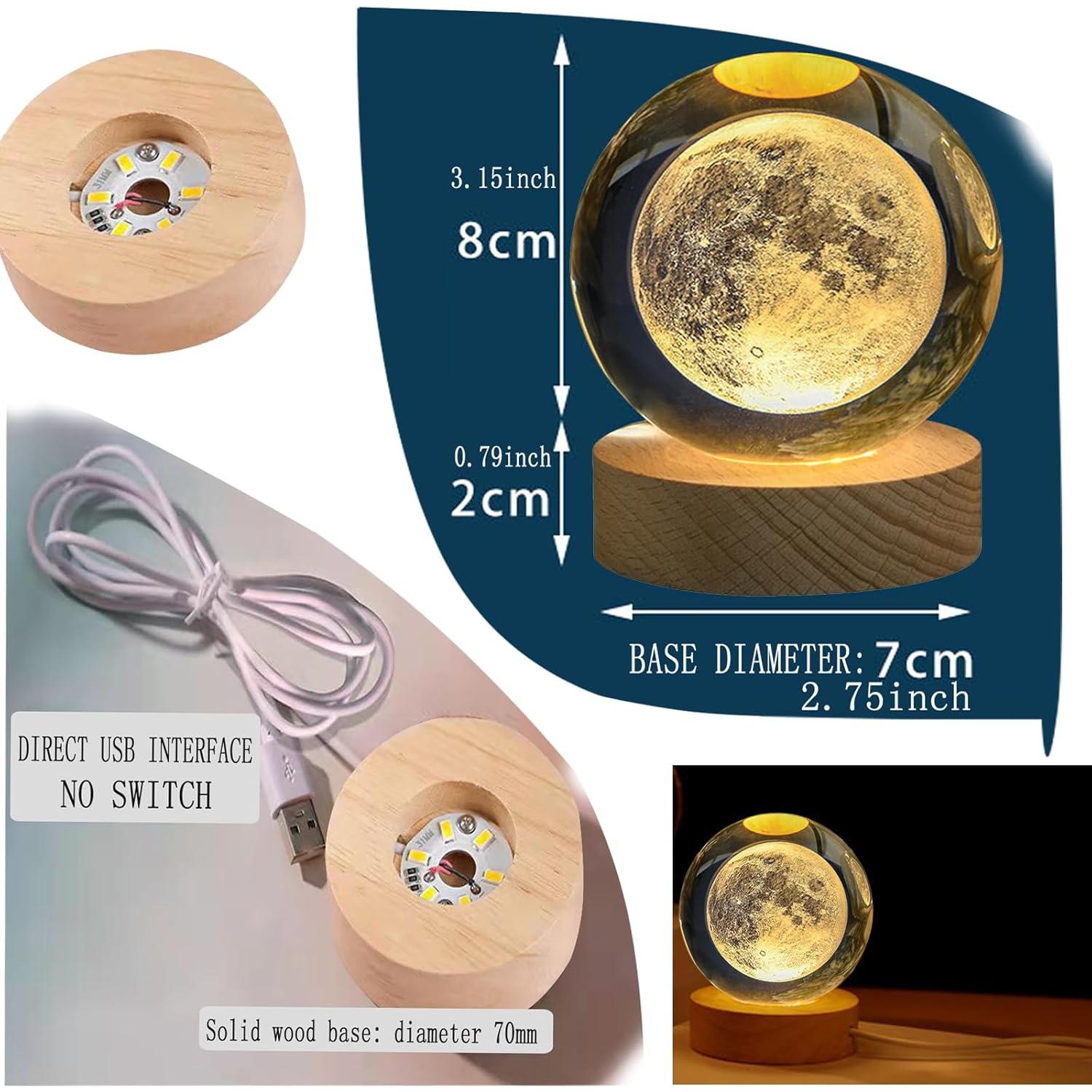 Lámpara de Esfera de Cristal KAZETEC 3D Luna 80 mm Luz Cálida