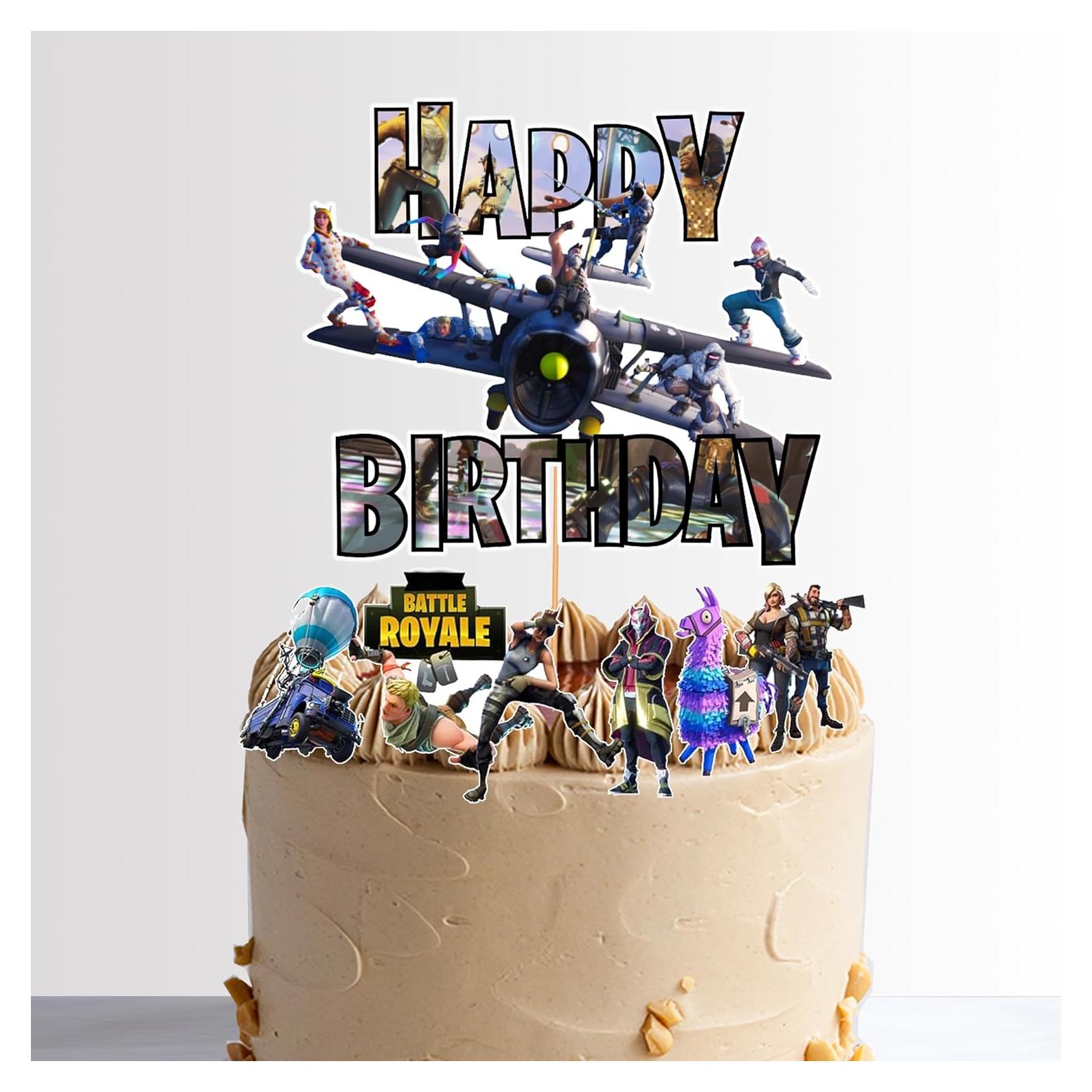 Video Game Happy Birthday Cake Topper 15cm + 7 Characters + Wafer Paper Badge Party Supplies Decoration Supplies for Kids Adults Girls Boys JUSTCAKETOPPERS