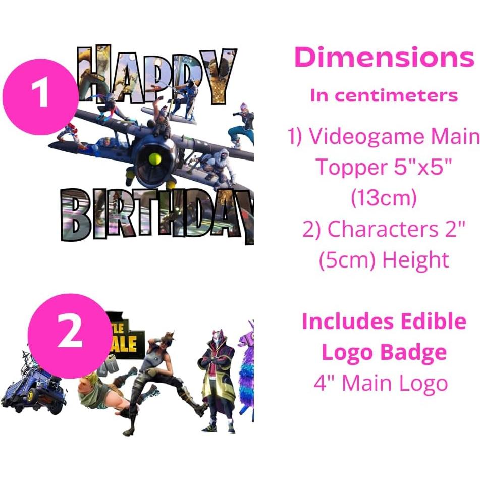 Video Game Happy Birthday Cake Topper 15cm + 7 Characters + Wafer Paper Badge Party Supplies Decoration Supplies for Kids Adults Girls Boys JUSTCAKETOPPERS