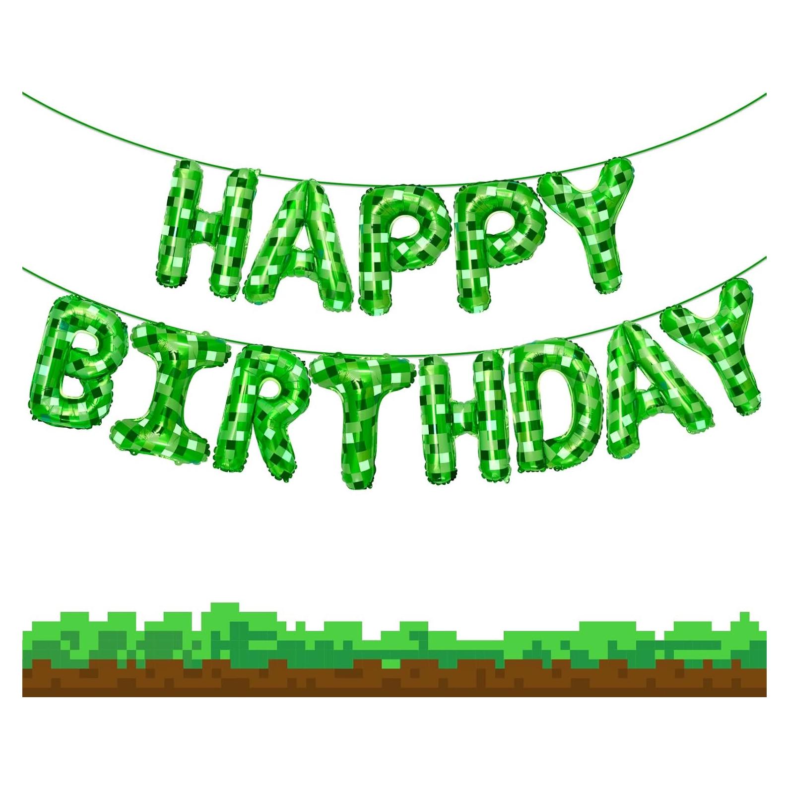Banner de Cumpleaños Feliz Pixel Verde - Decoración Temática