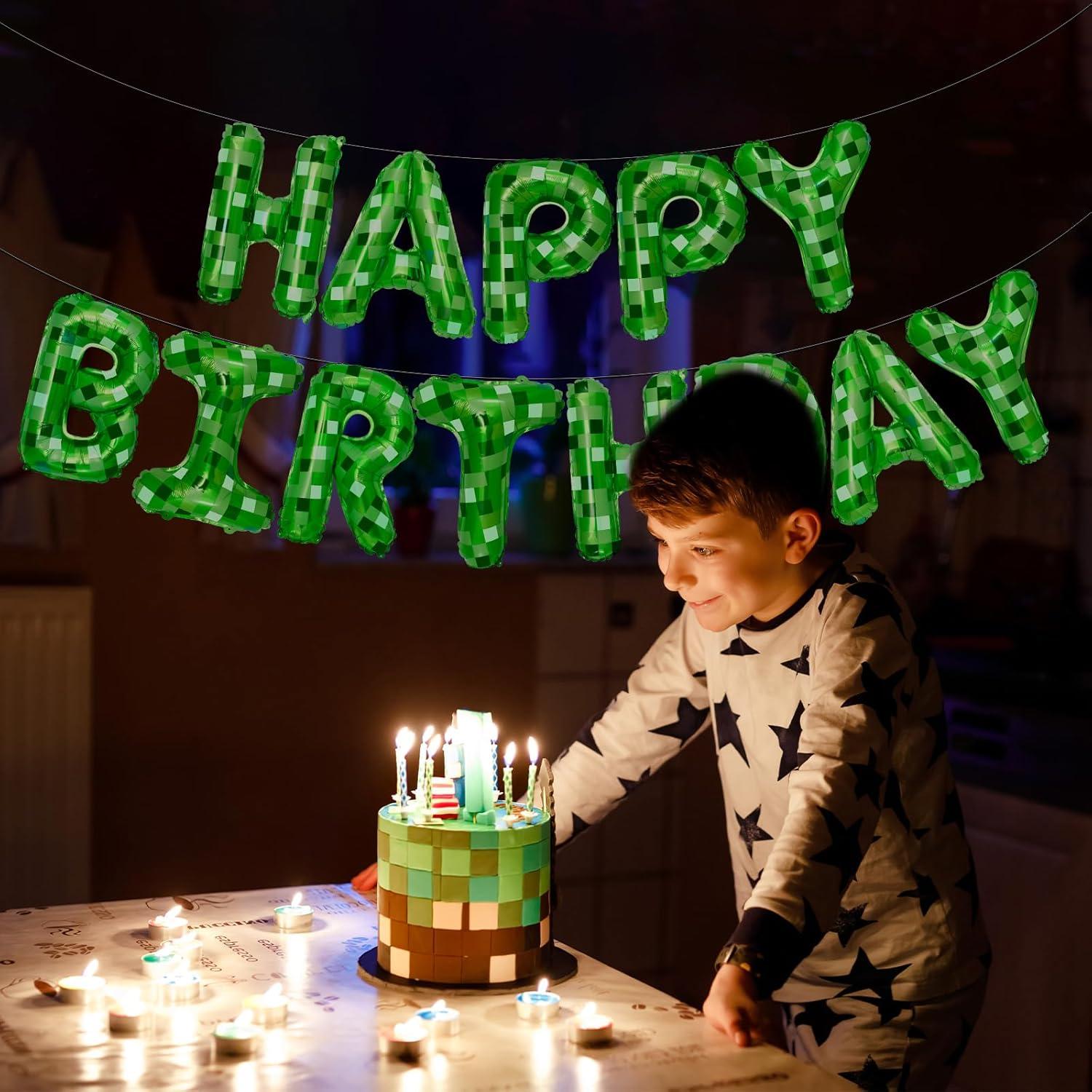 Banner de Cumpleaños Feliz Pixel Verde - Decoración Temática