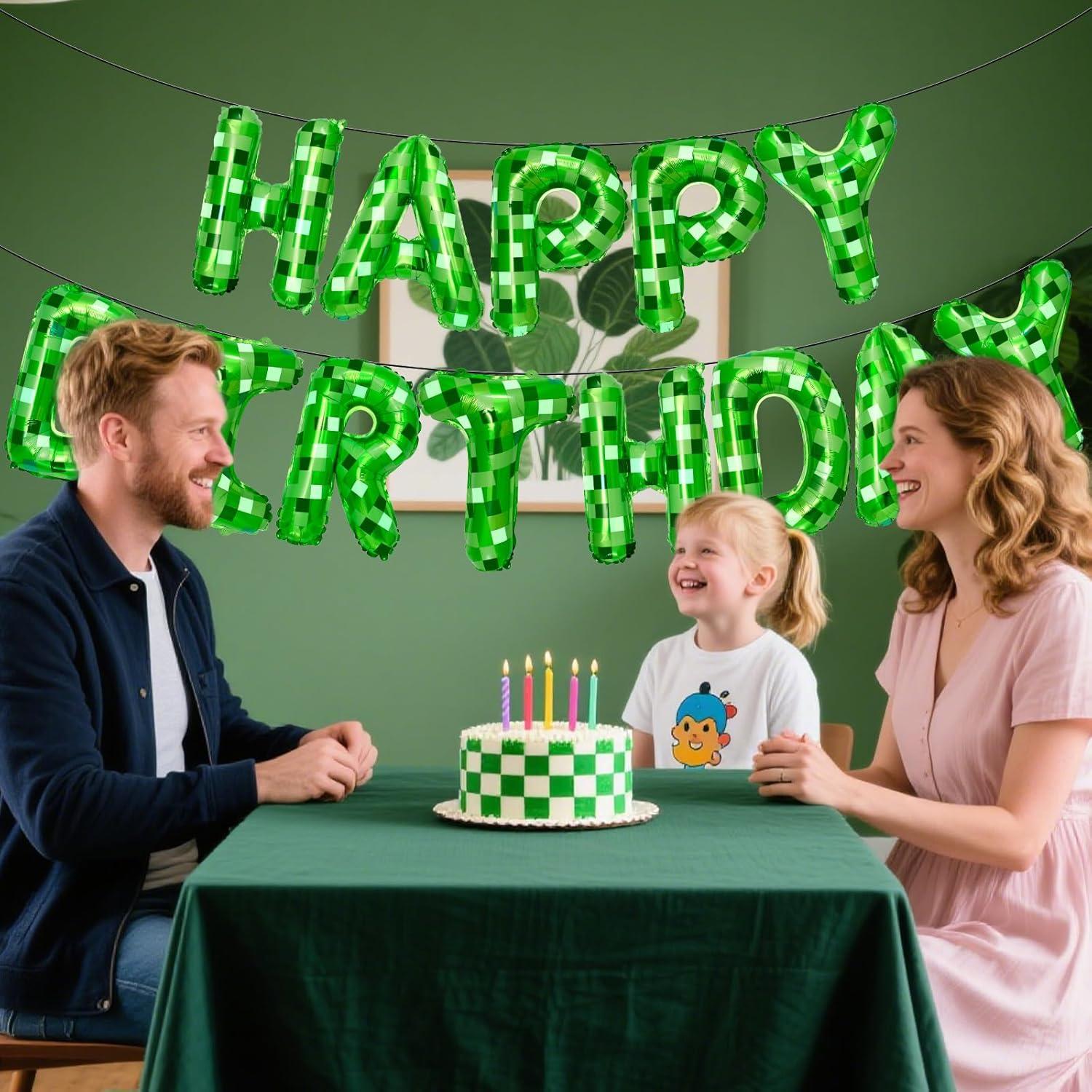 Banner de Cumpleaños Feliz Pixel Verde - Decoración Temática