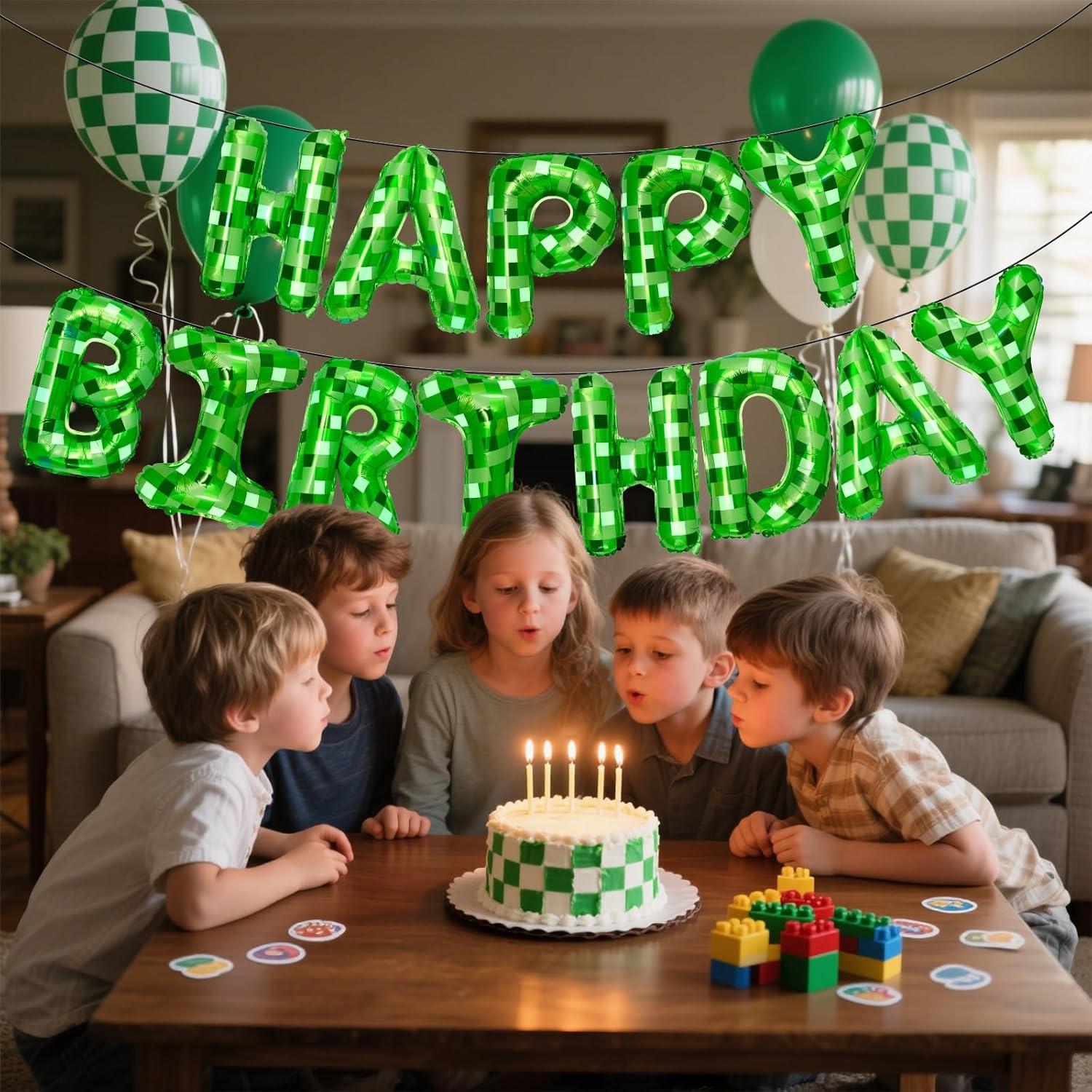 Banner de Cumpleaños Feliz Pixel Verde - Decoración Temática