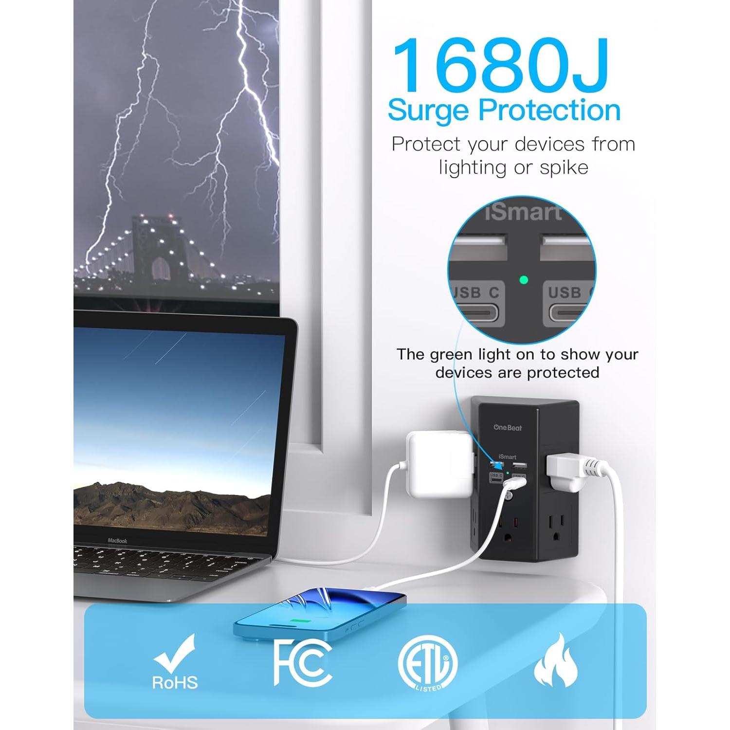 Extensor de Enchufe 5 Salidas con 4 USB C One Beat Negro