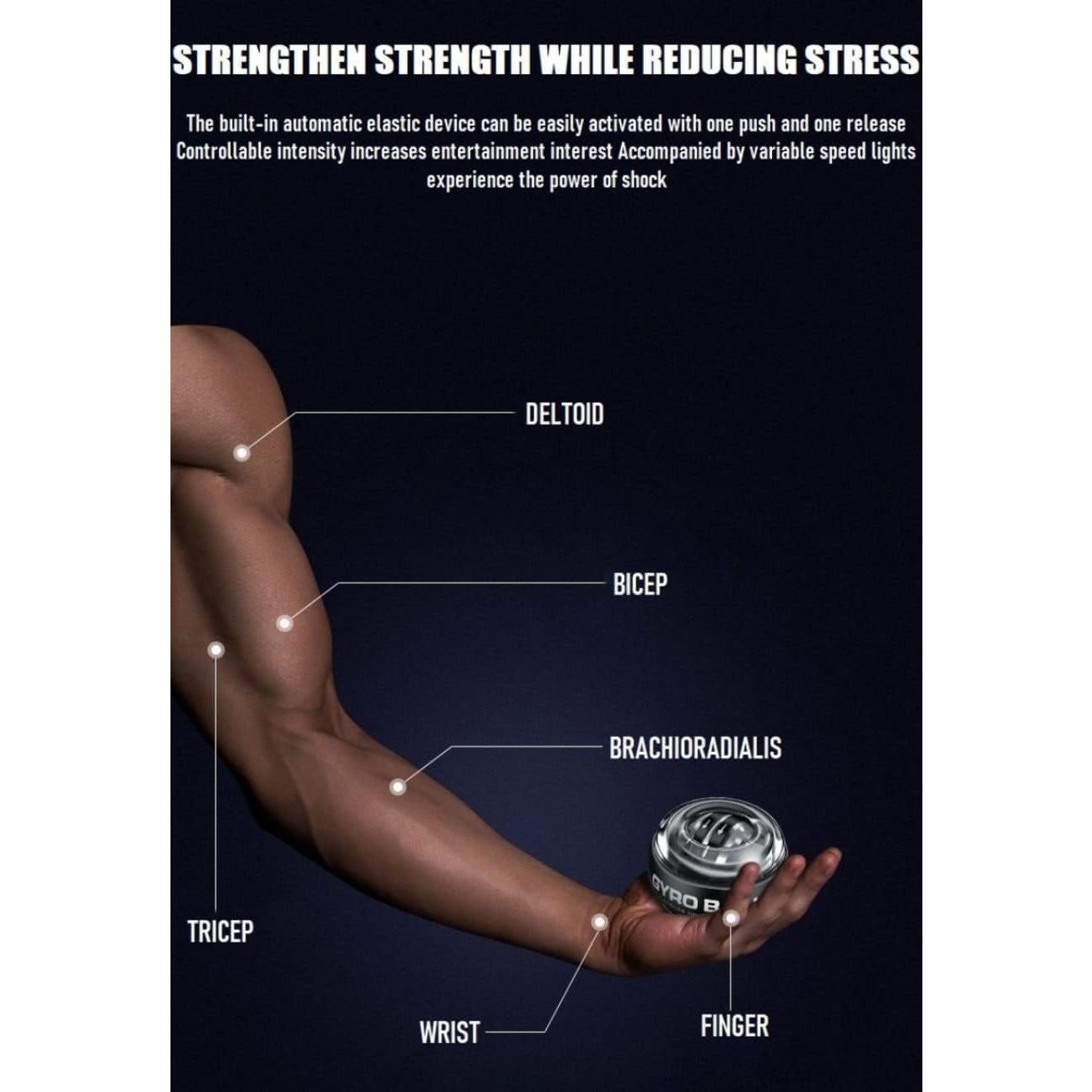 Auto Start Gyro Ball Strengthener, Forearm Gyro Ball Wrist Exerciser, Auto-Start Colorful Lighting (with Light-Black)