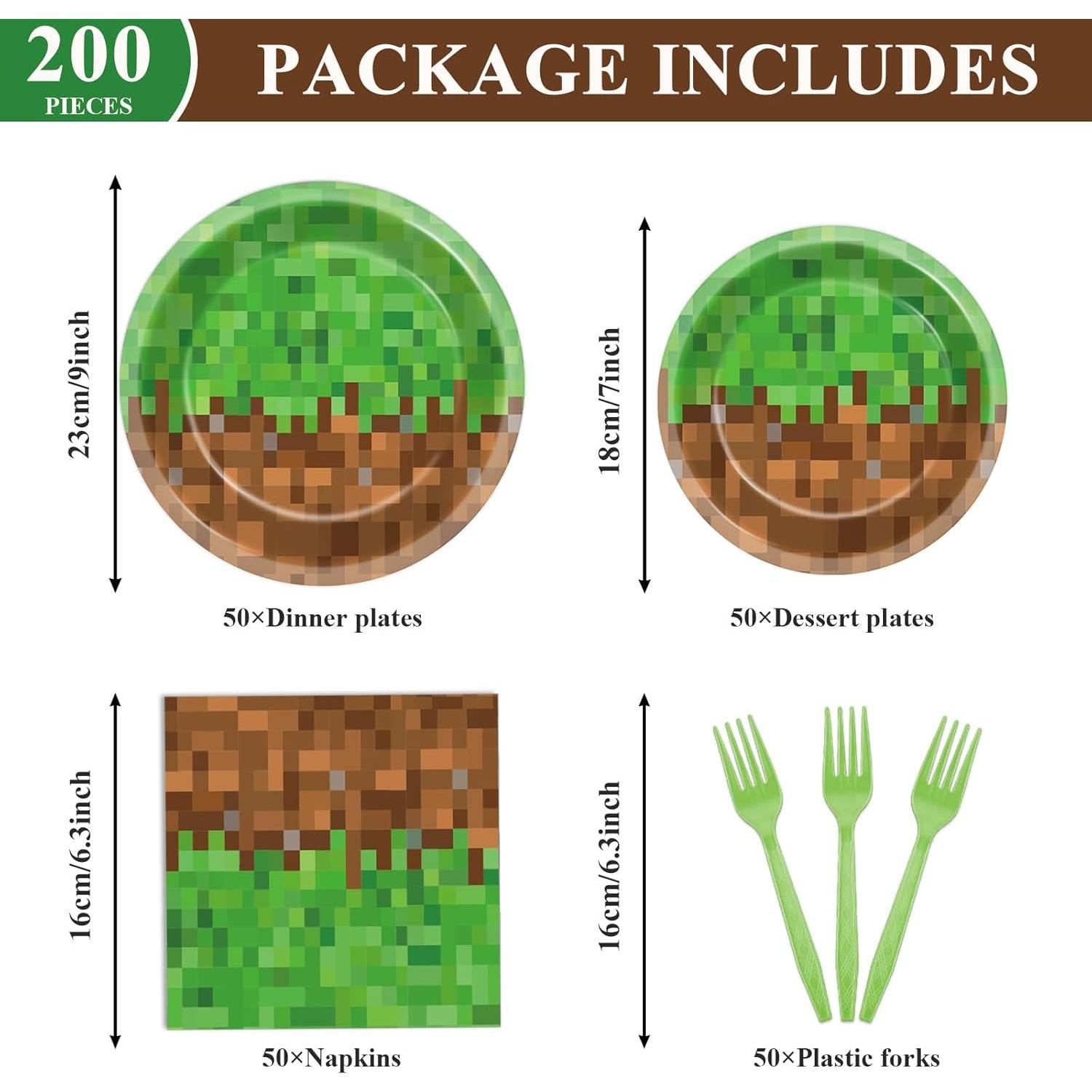 200 Piezas Suministros de Fiesta Gamer Mineros - Platos y Servilletas