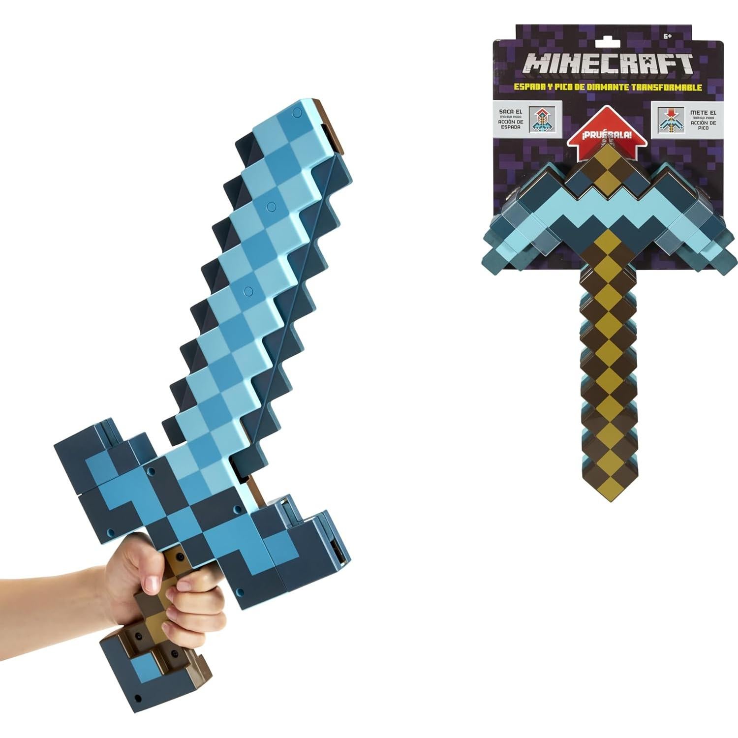 Espada y Pico Diamante Transformable Mattel Minecraft + Almohada Gato