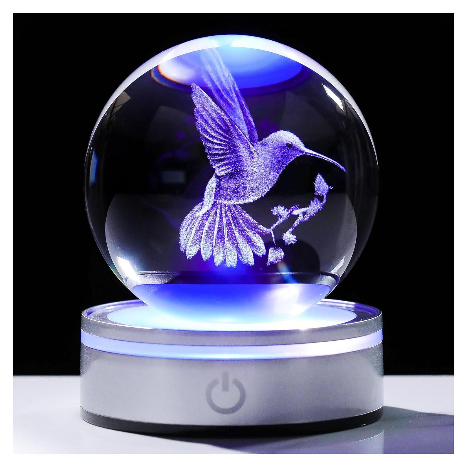 Movdyka Bola de Cristal 3D Colibrí con Base LED 8cm